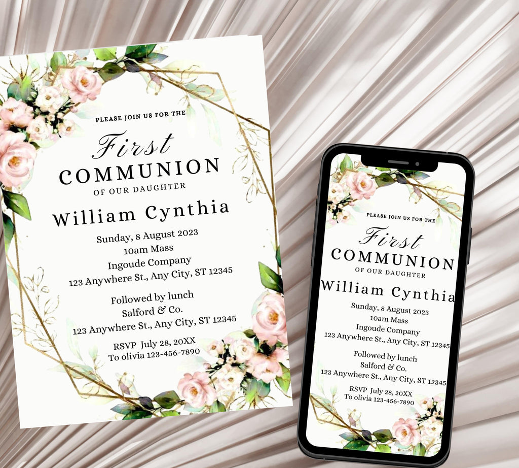 Minimalist Greenery Baptism Invitation Template, Christening Invite, Religious Cross, Printable Baptism, Greenery Baptism Invitation Card