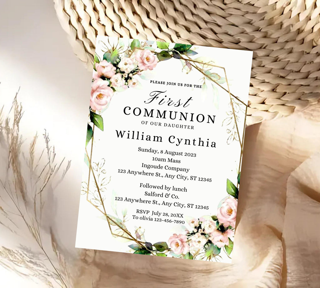 Minimalist Greenery Baptism Invitation Template, Christening Invite, Religious Cross, Printable Baptism, Greenery Baptism Invitation Card