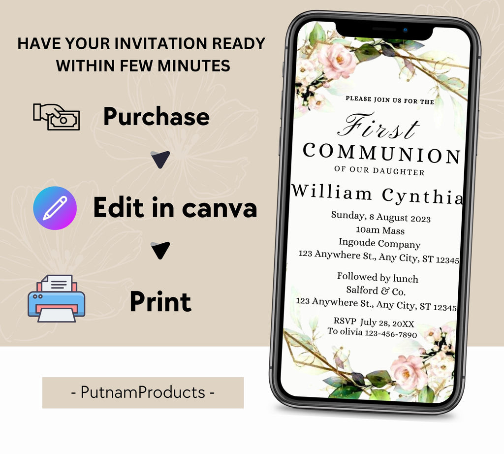 Minimalist Greenery Baptism Invitation Template, Christening Invite, Religious Cross, Printable Baptism, Greenery Baptism Invitation Card