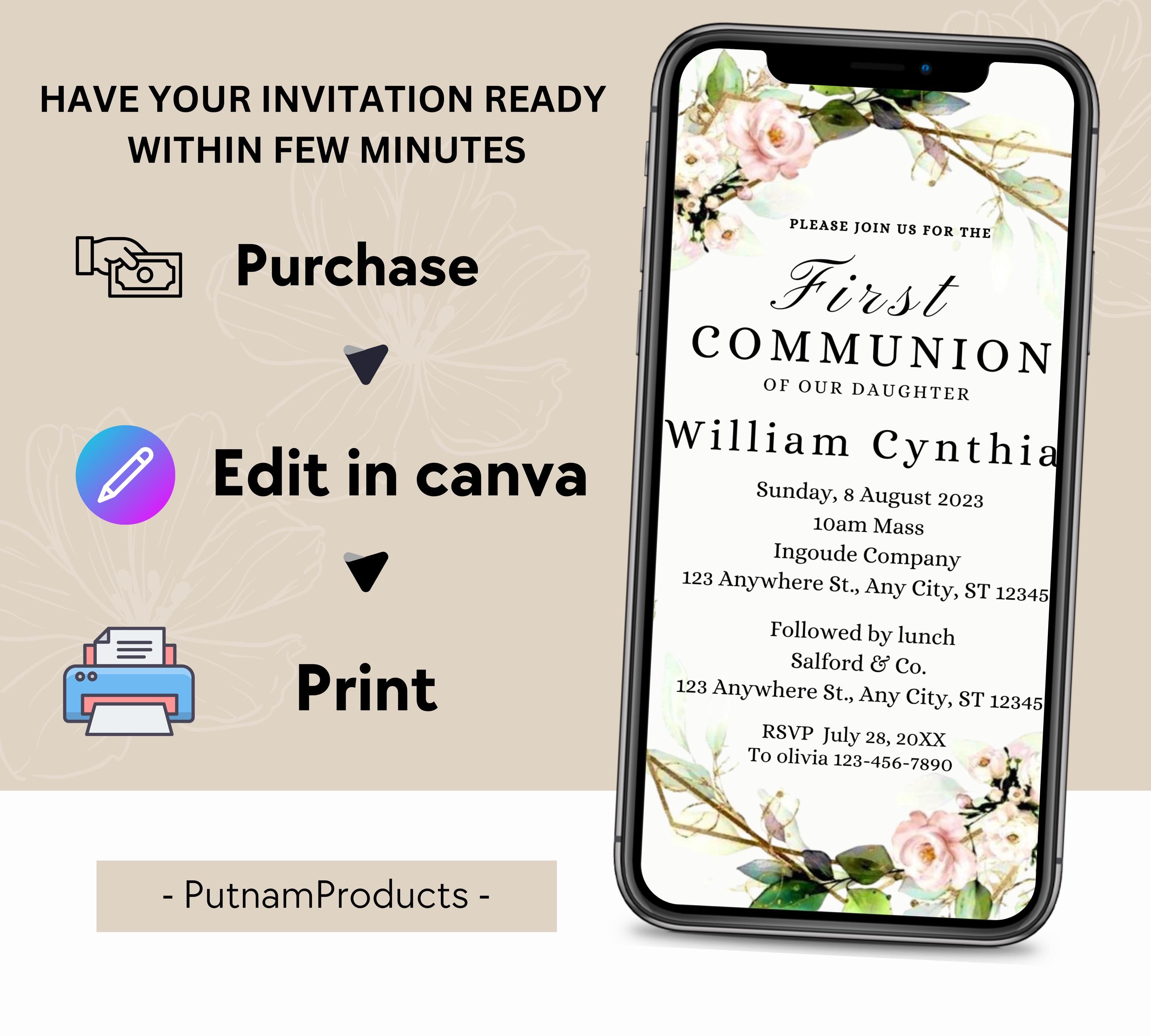 Minimalist Greenery Baptism Invitation Template, Christening Invite, Religious Cross, Printable Baptism, Greenery Baptism Invitation Card