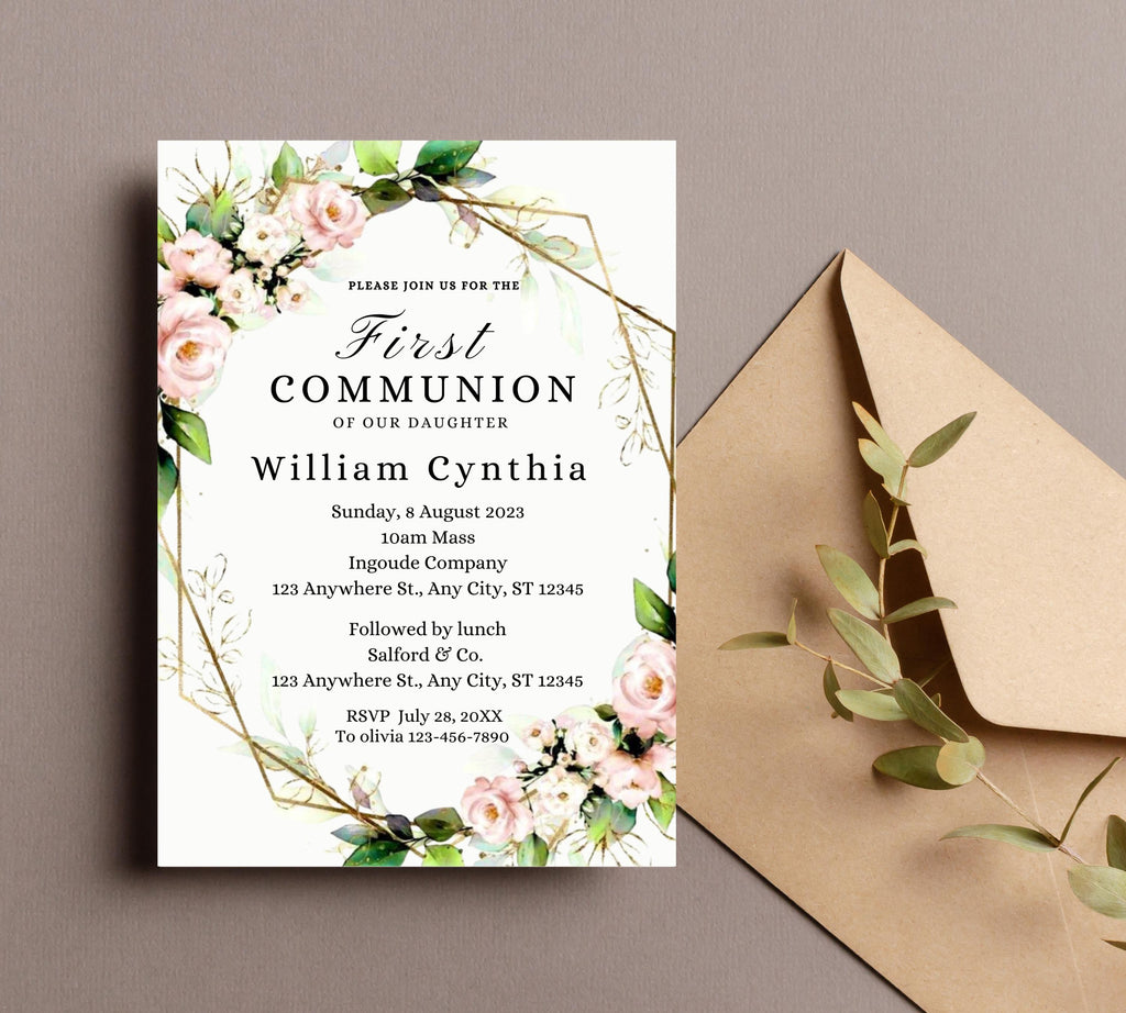 Minimalist Greenery Baptism Invitation Template, Christening Invite, Religious Cross, Printable Baptism, Greenery Baptism Invitation Card