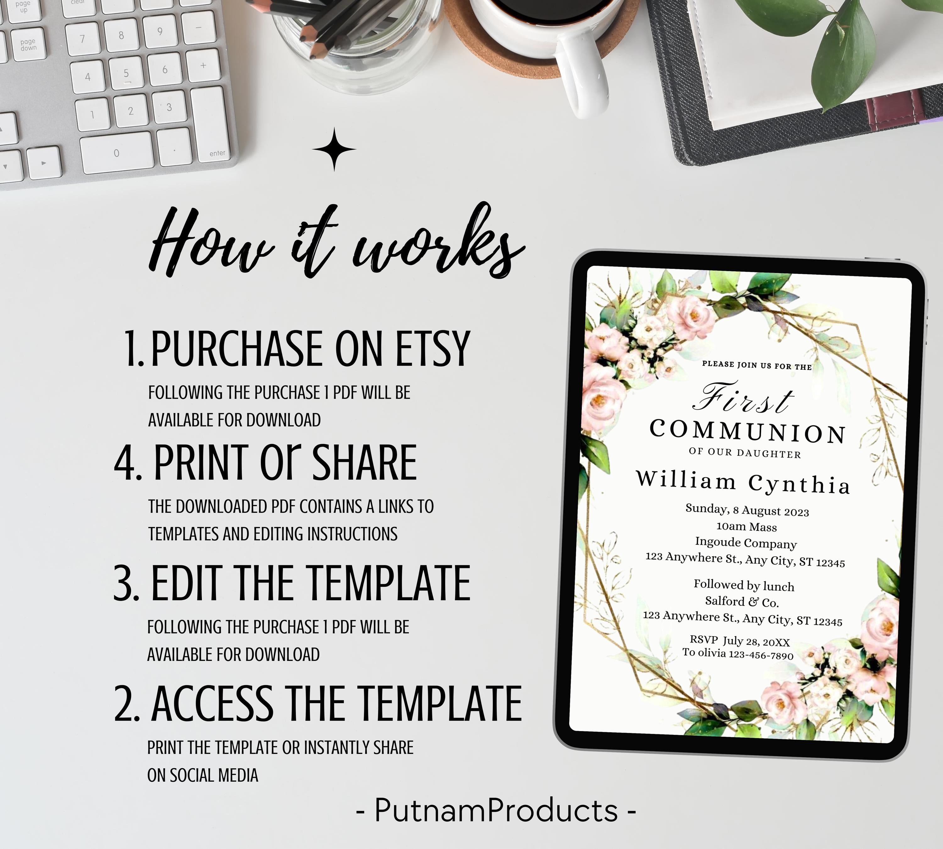 Minimalist Greenery Baptism Invitation Template, Christening Invite, Religious Cross, Printable Baptism, Greenery Baptism Invitation Card