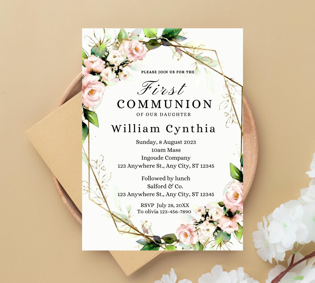 Minimalist Greenery Baptism Invitation Template, Christening Invite, Religious Cross, Printable Baptism, Greenery Baptism Invitation Card