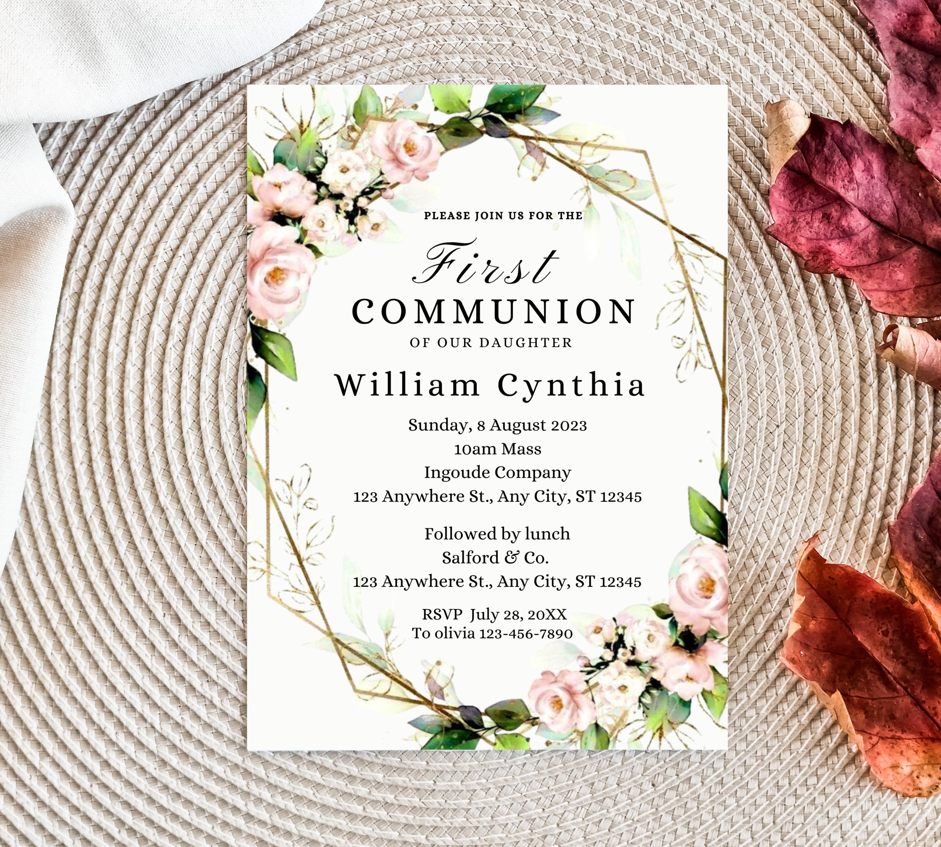 Minimalist Greenery Baptism Invitation Template, Christening Invite, Religious Cross, Printable Baptism, Greenery Baptism Invitation Card