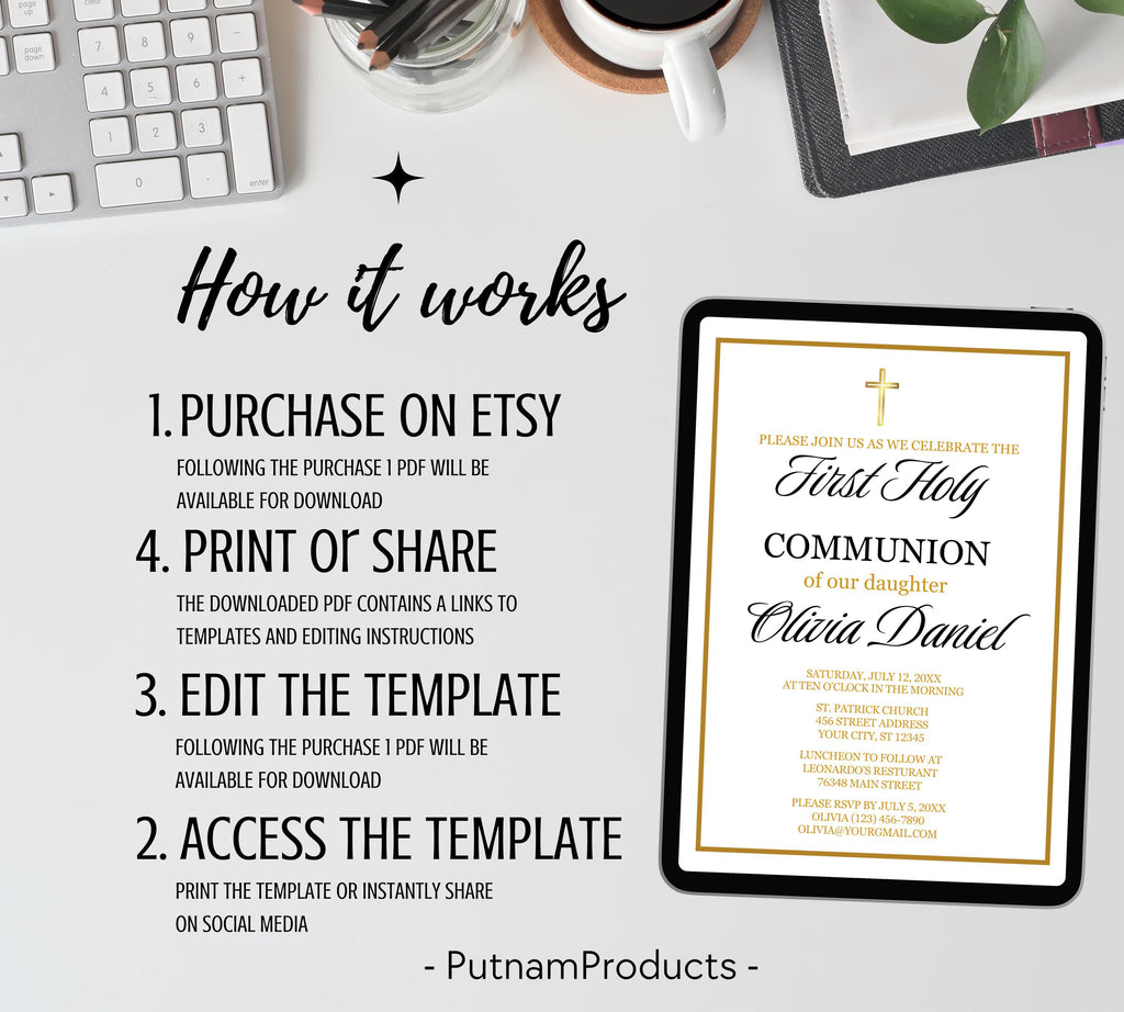 First communion invitation, Christening Invitation, Baby's Breath Wreath Religious Invite,  Baptism Invitation Card, Religious Cross