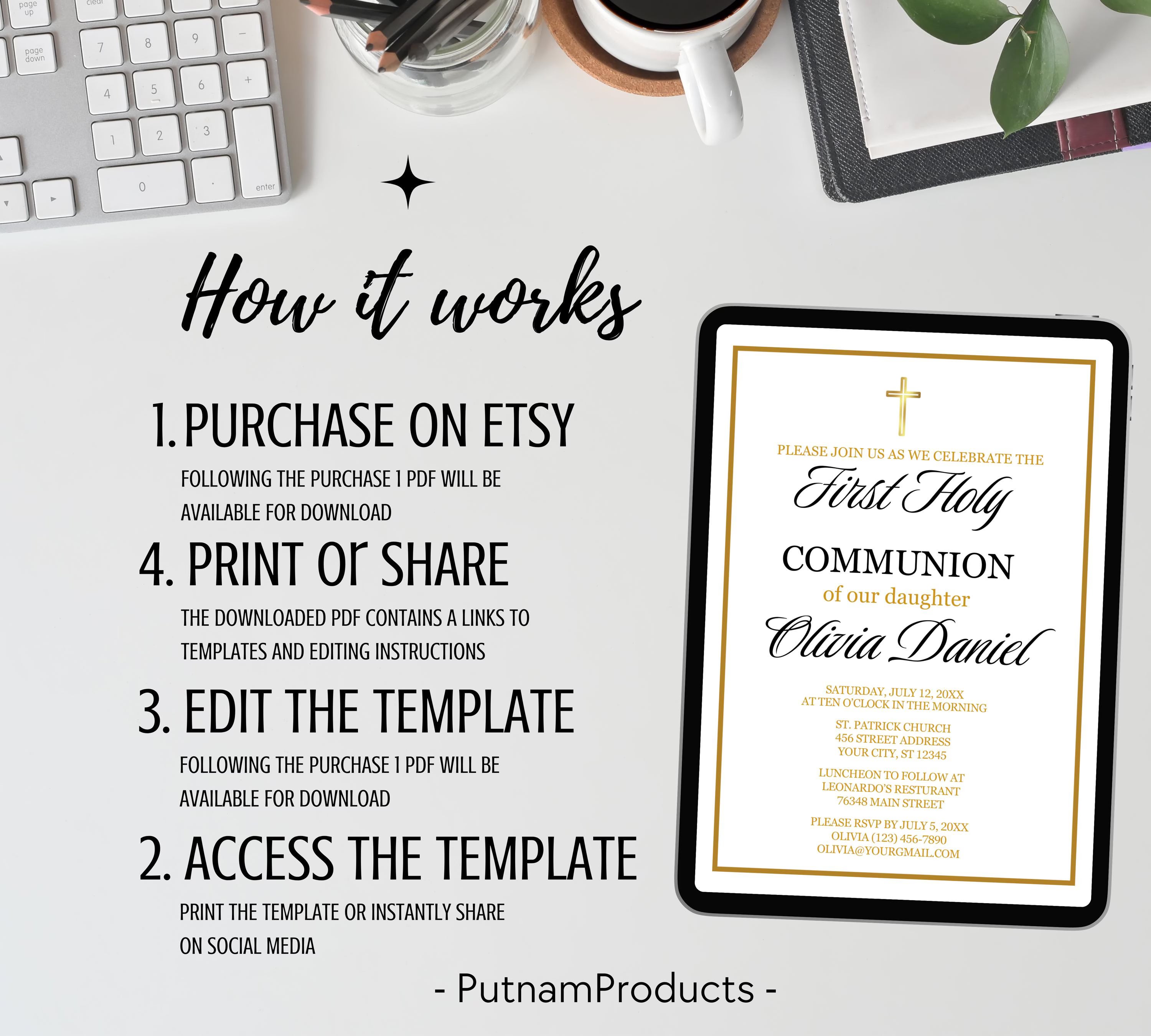 First communion invitation, Christening Invitation, Baby's Breath Wreath Religious Invite,  Baptism Invitation Card, Religious Cross