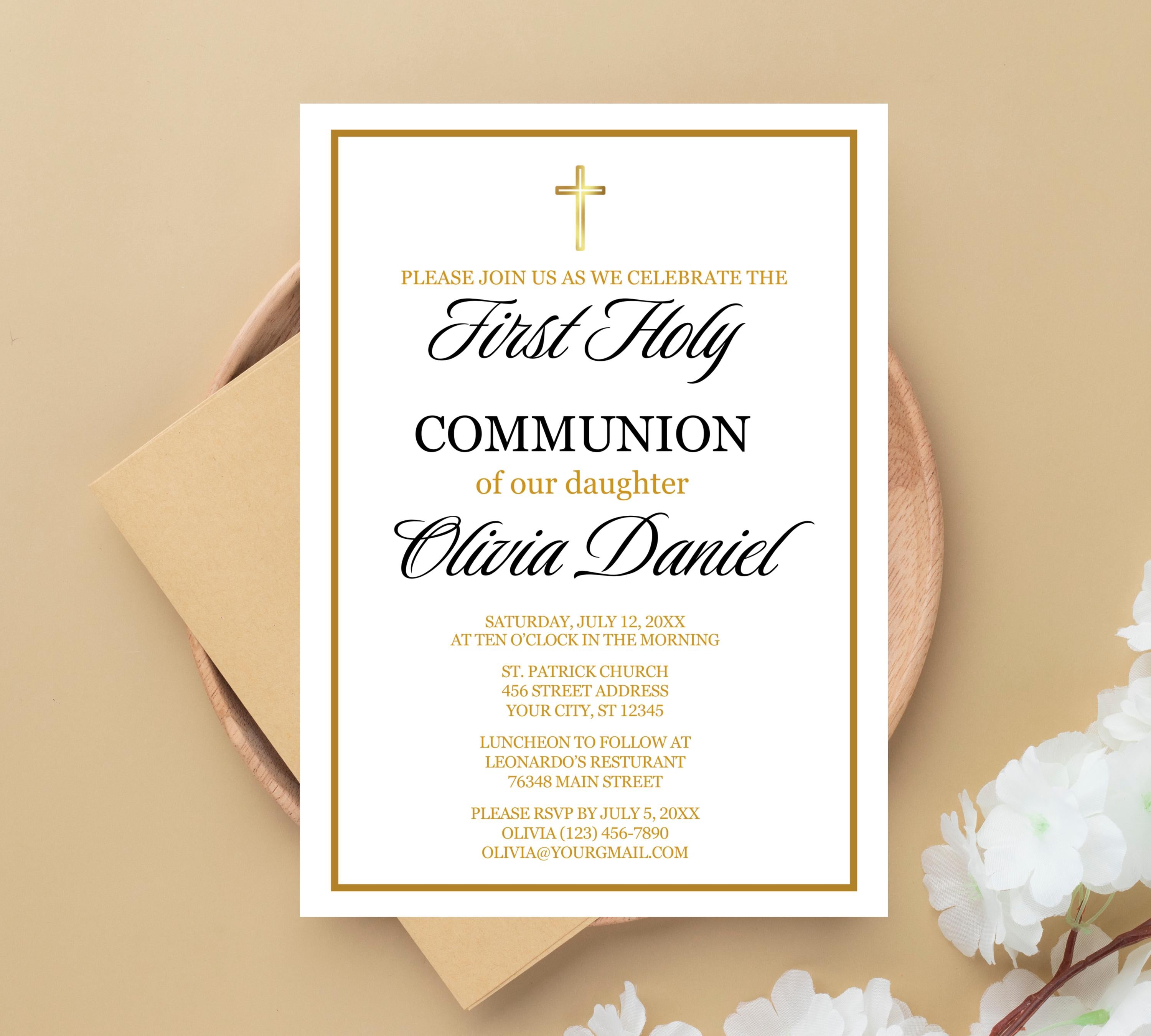 First communion invitation, Christening Invitation, Baby's Breath Wreath Religious Invite,  Baptism Invitation Card, Religious Cross