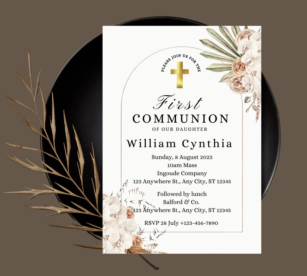 boho First communion invitation, First Holy Communion Invitation Template, Christening Invite, Religious Cross, Baptism Invitation Card