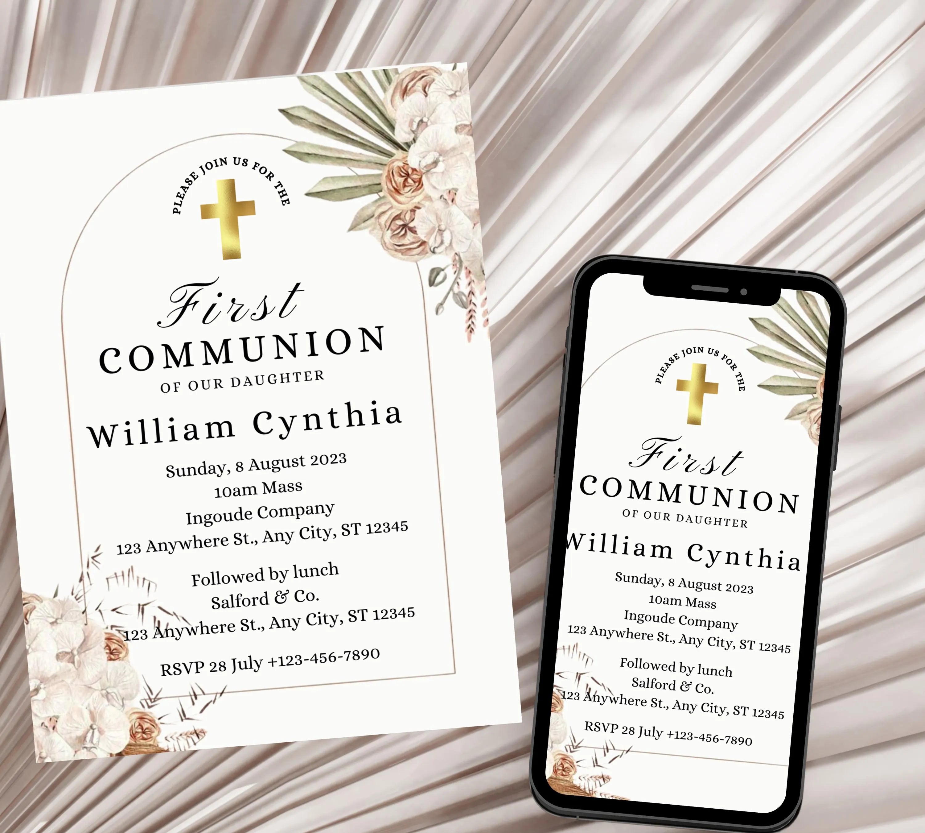 boho First communion invitation, First Holy Communion Invitation Template, Christening Invite, Religious Cross, Baptism Invitation Card