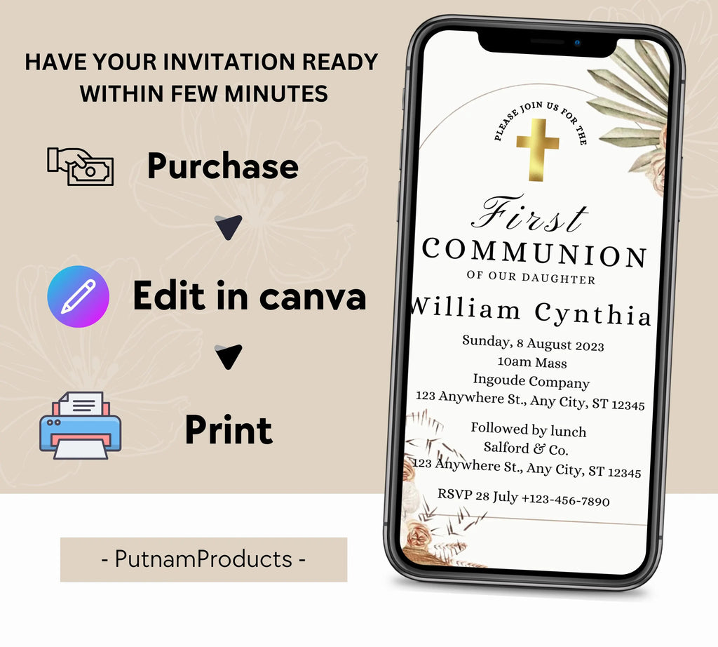 boho First communion invitation, First Holy Communion Invitation Template, Christening Invite, Religious Cross, Baptism Invitation Card