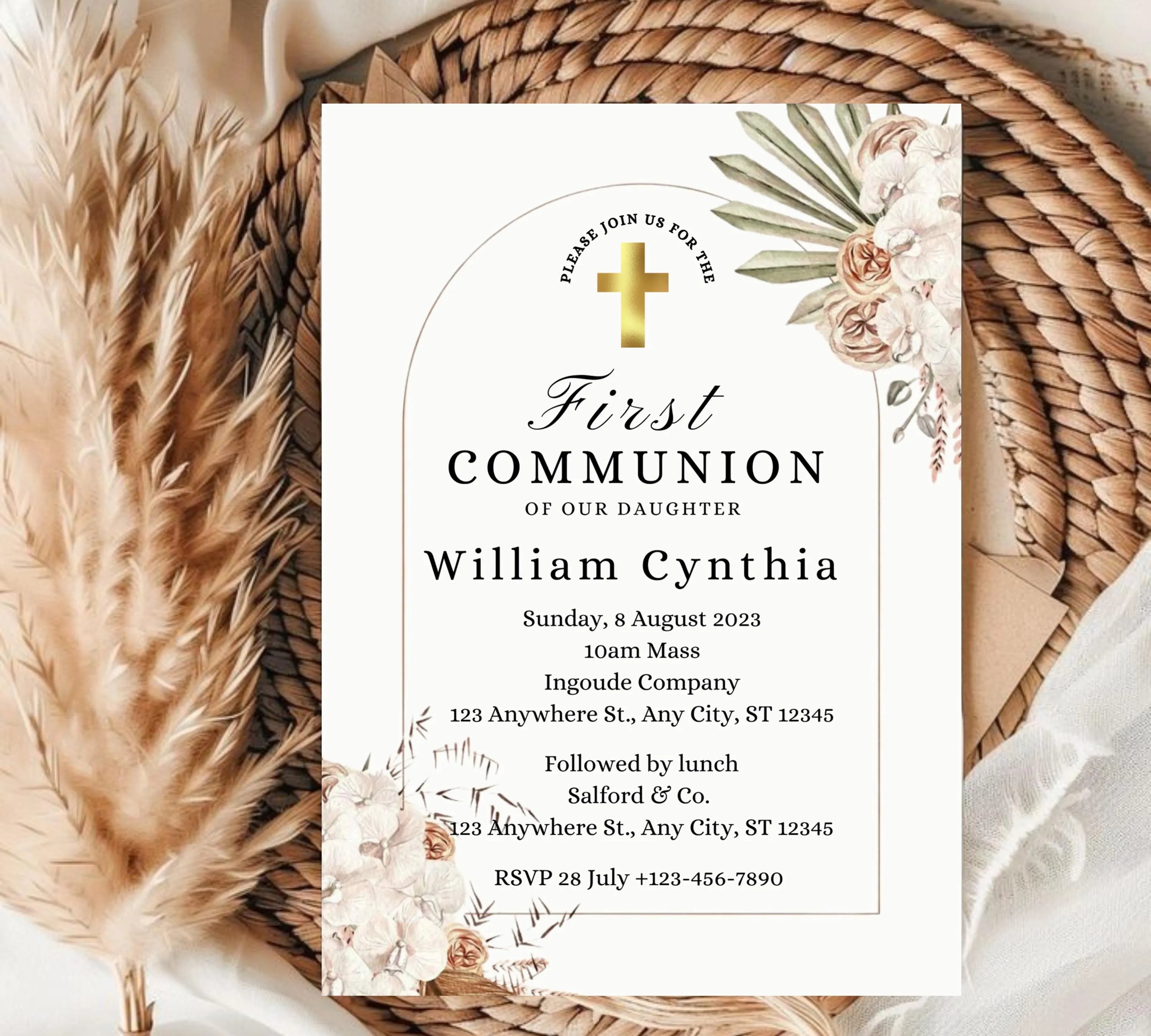boho First communion invitation, First Holy Communion Invitation Template, Christening Invite, Religious Cross, Baptism Invitation Card