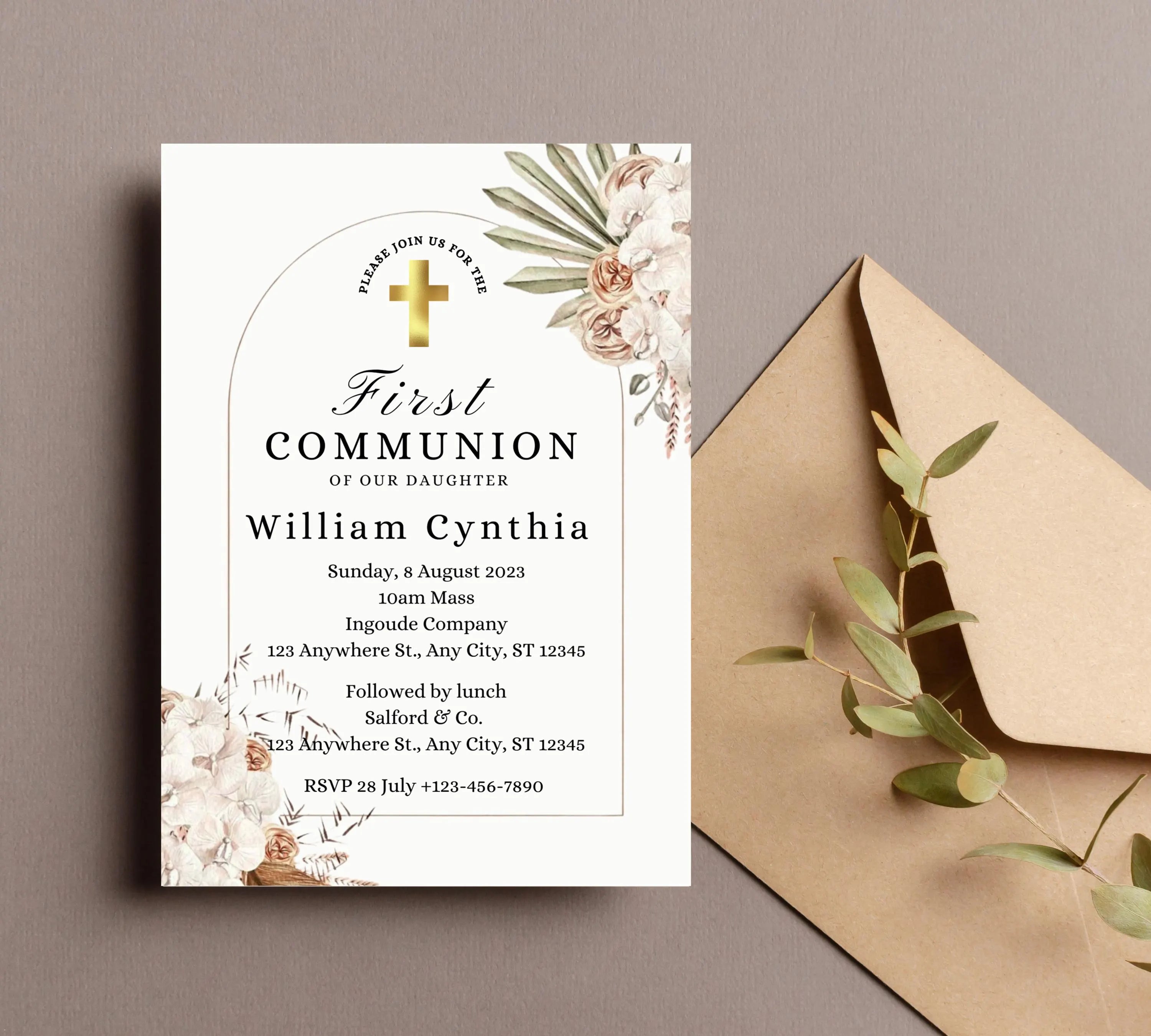 boho First communion invitation, First Holy Communion Invitation Template, Christening Invite, Religious Cross, Baptism Invitation Card