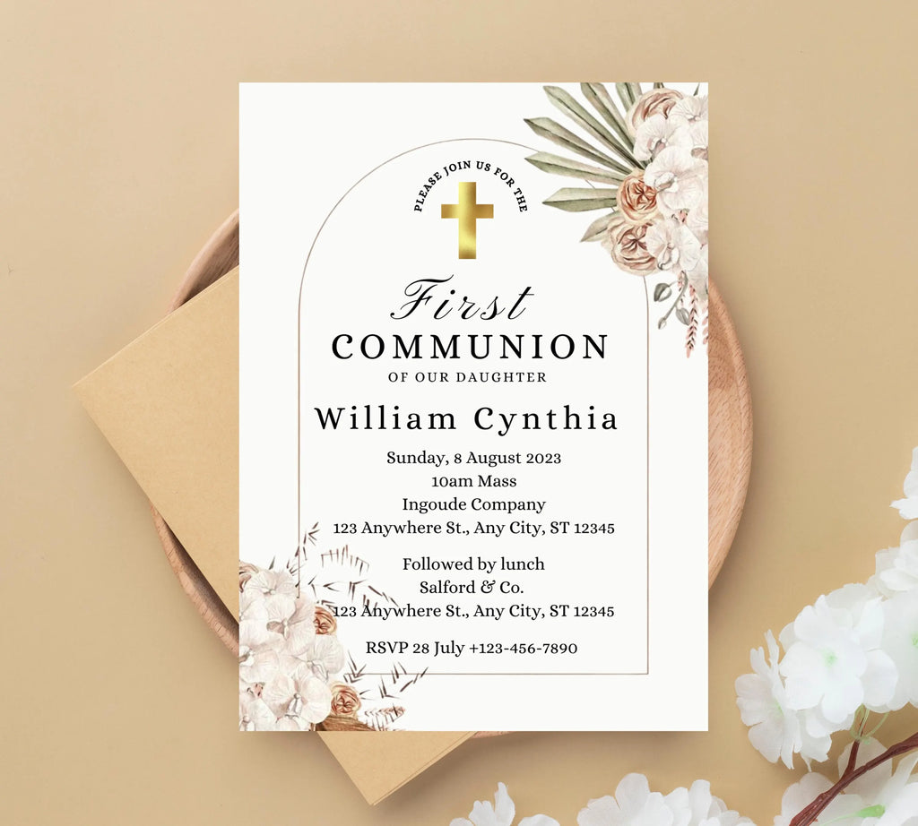 boho First communion invitation, First Holy Communion Invitation Template, Christening Invite, Religious Cross, Baptism Invitation Card