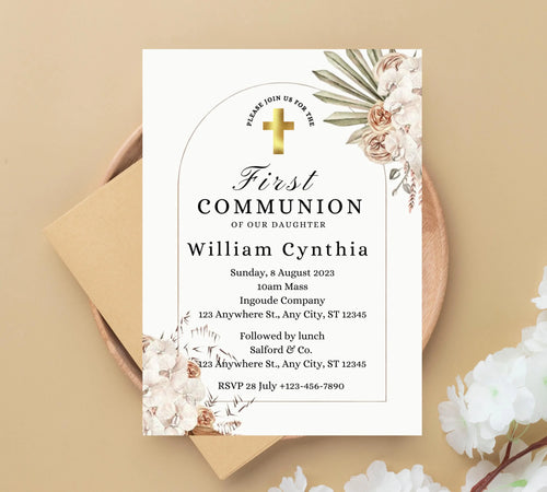 boho First communion invitation, First Holy Communion Invitation Template, Christening Invite, Religious Cross, Baptism Invitation Card