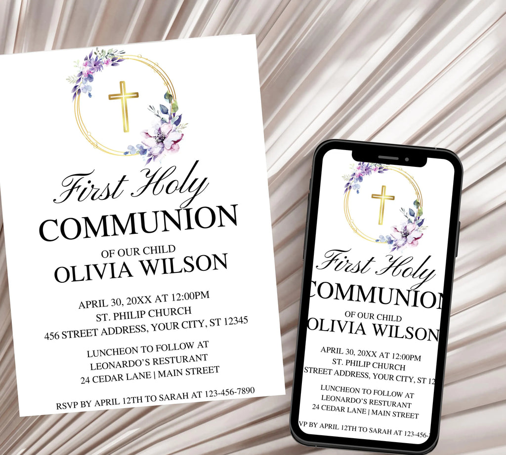 Editable purple First Holy Communion, Minimalist Baptism Invitation, Christening Invite, Religious Cross, Greenery Baptism Invitation