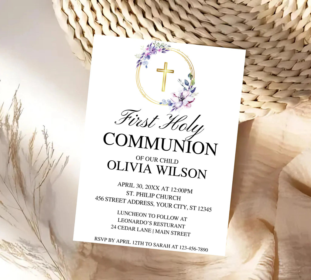 Editable purple First Holy Communion, Minimalist Baptism Invitation, Christening Invite, Religious Cross, Greenery Baptism Invitation