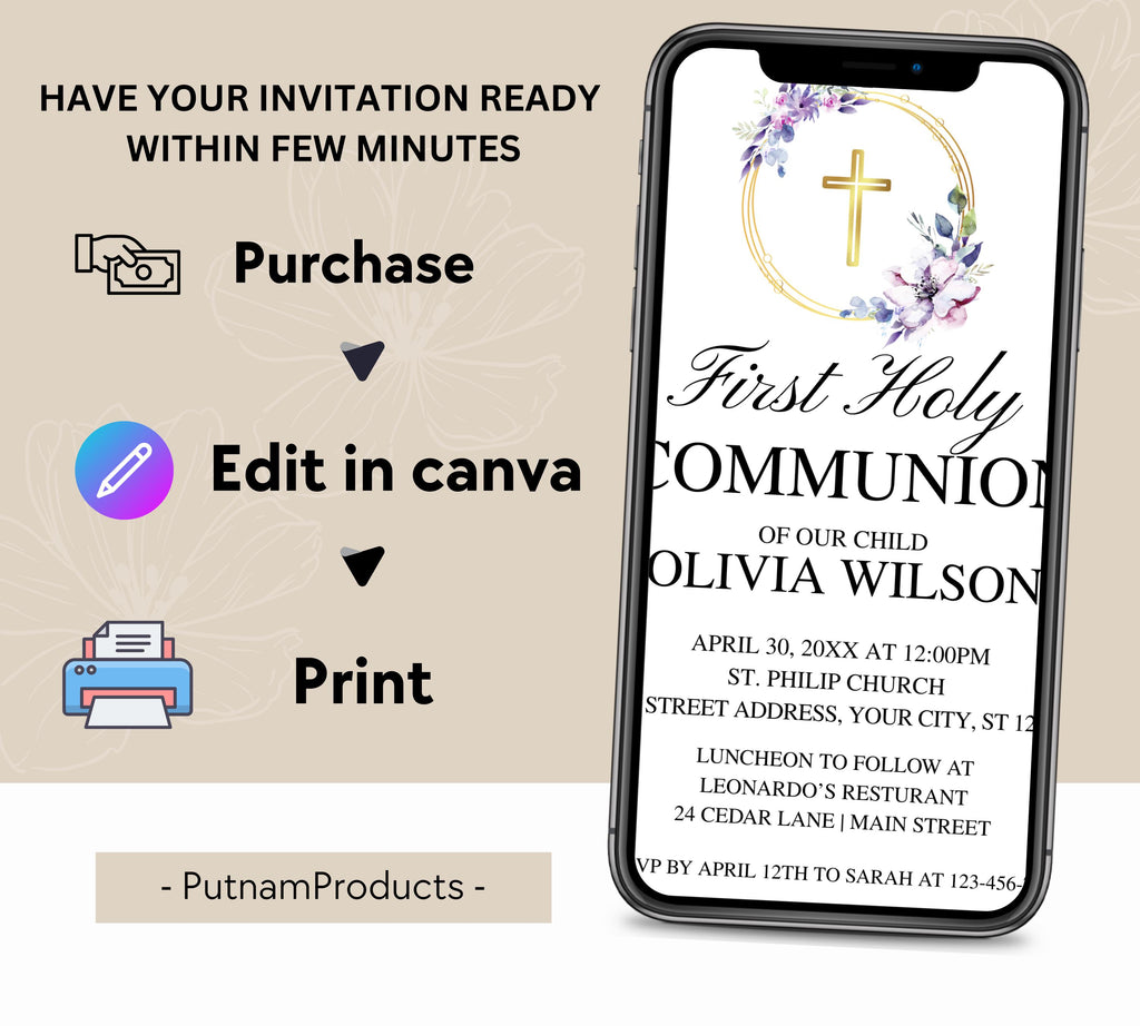 Editable purple First Holy Communion, Minimalist Baptism Invitation, Christening Invite, Religious Cross, Greenery Baptism Invitation