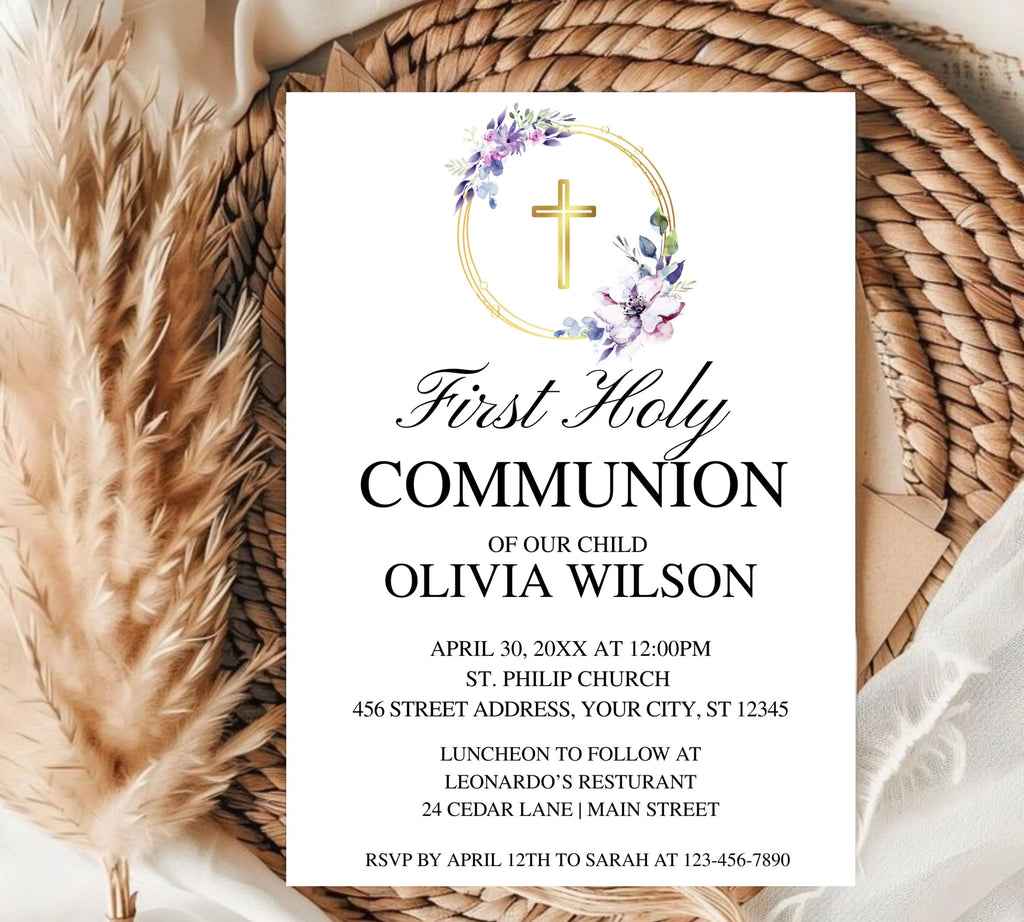 Editable purple First Holy Communion, Minimalist Baptism Invitation, Christening Invite, Religious Cross, Greenery Baptism Invitation