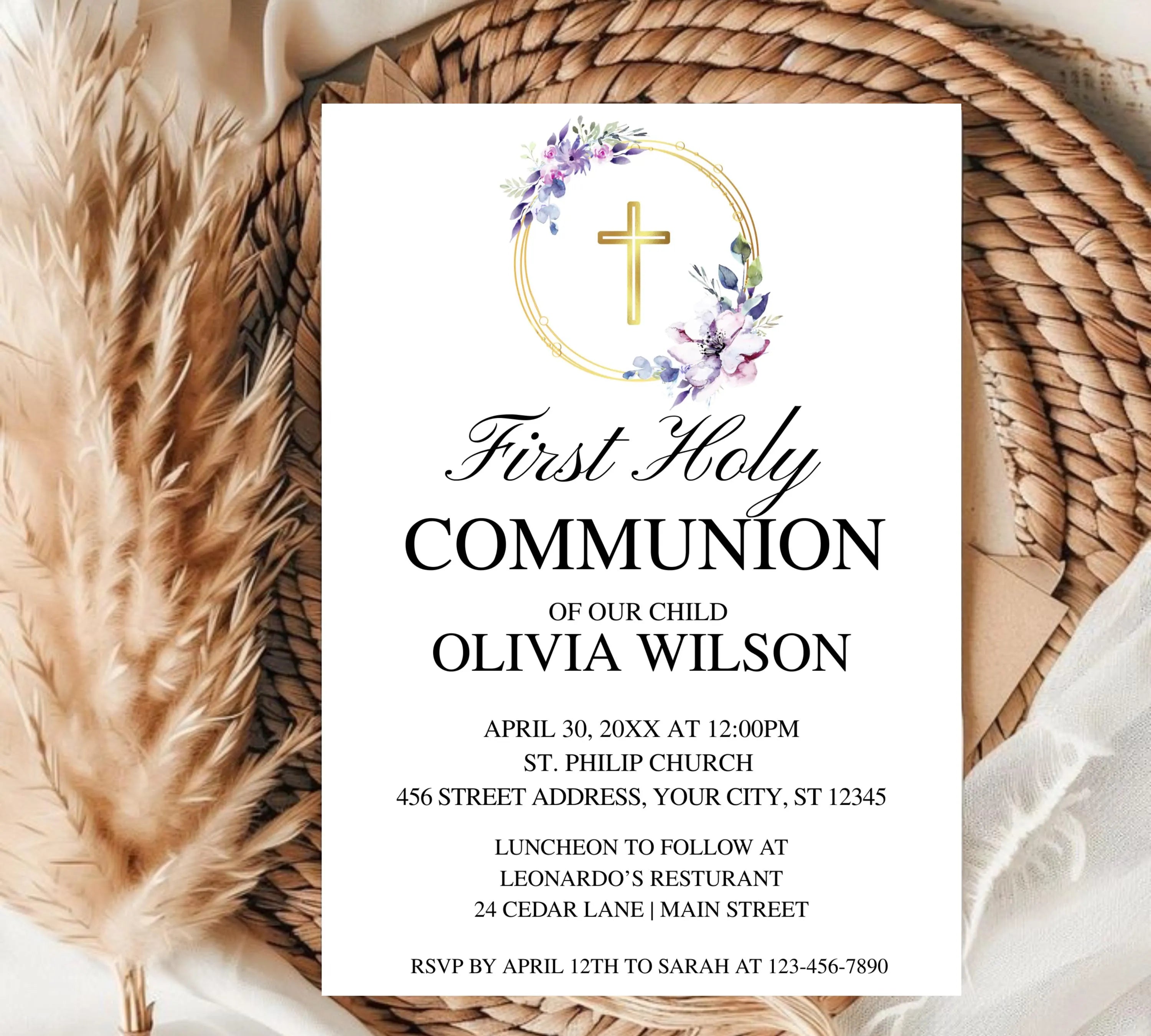 Editable purple First Holy Communion, Minimalist Baptism Invitation, Christening Invite, Religious Cross, Greenery Baptism Invitation