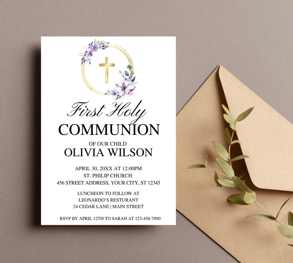 Editable purple First Holy Communion, Minimalist Baptism Invitation, Christening Invite, Religious Cross, Greenery Baptism Invitation