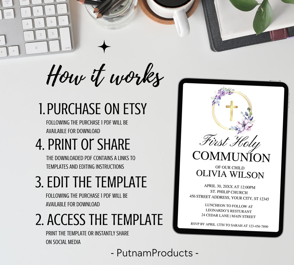 Editable purple First Holy Communion, Minimalist Baptism Invitation, Christening Invite, Religious Cross, Greenery Baptism Invitation