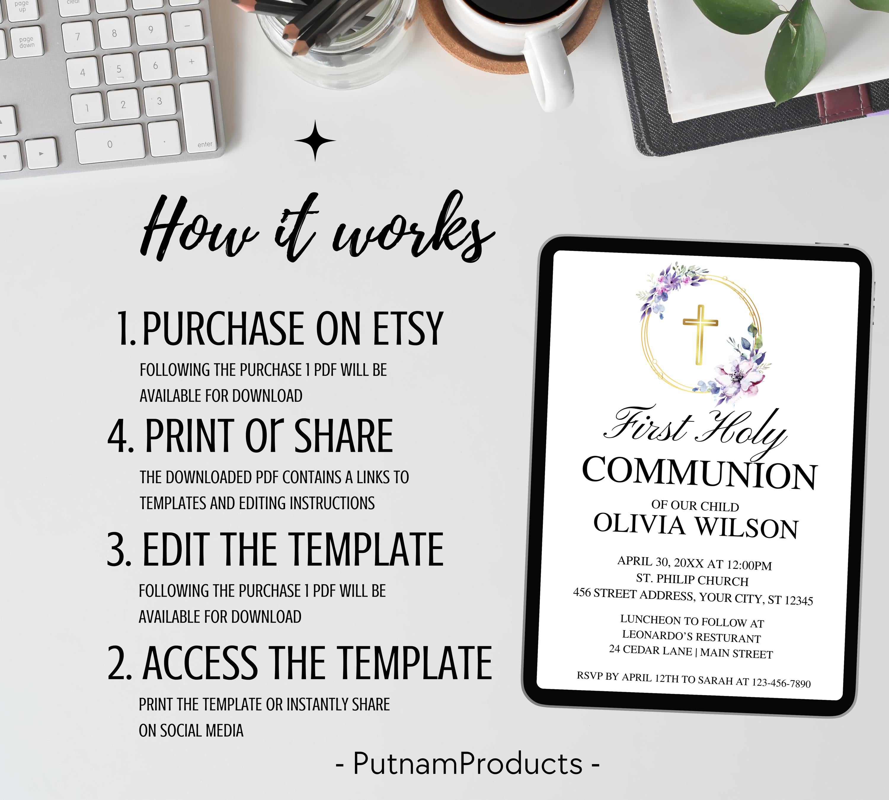 Editable purple First Holy Communion, Minimalist Baptism Invitation, Christening Invite, Religious Cross, Greenery Baptism Invitation