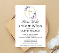 Editable purple First Holy Communion, Minimalist Baptism Invitation, Christening Invite, Religious Cross, Greenery Baptism Invitation