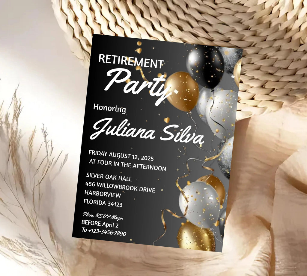 Editable Retirement Party invitation Templates, Elegant gold White Black + Silver Balloons, Retirement Invitation, Work Retire Mens Womens