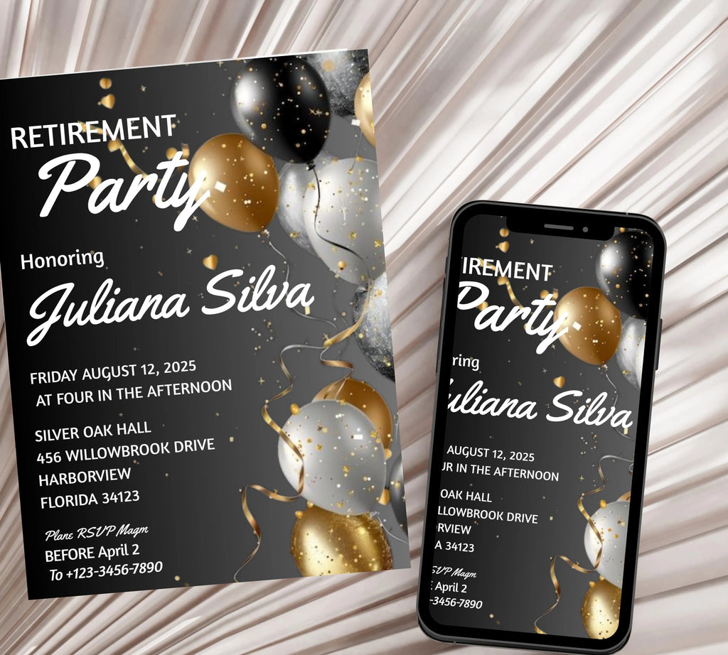 Editable Retirement Party invitation Templates, Elegant gold White Black + Silver Balloons, Retirement Invitation, Work Retire Mens Womens