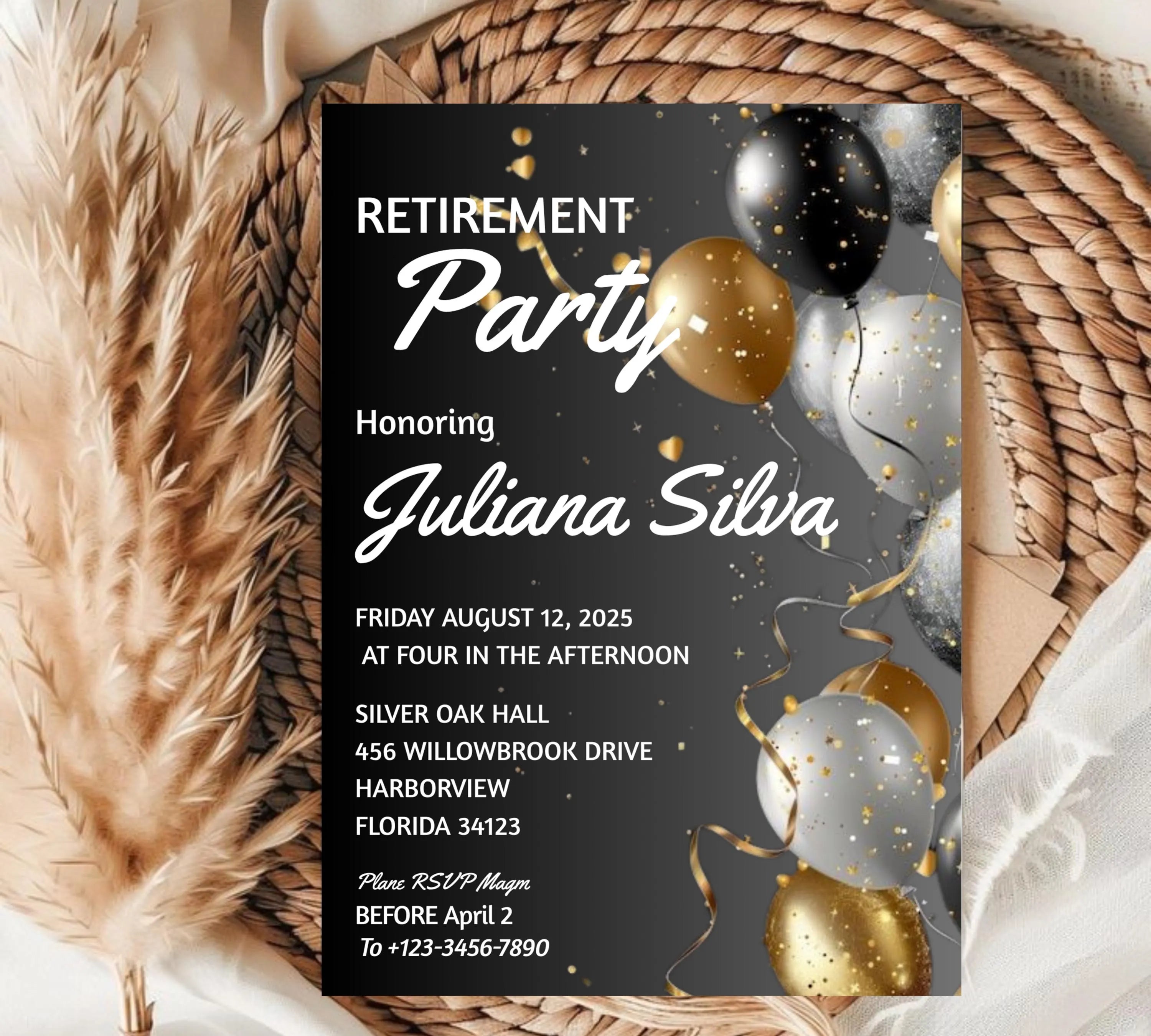 Editable Retirement Party invitation Templates, Elegant gold White Black + Silver Balloons, Retirement Invitation, Work Retire Mens Womens