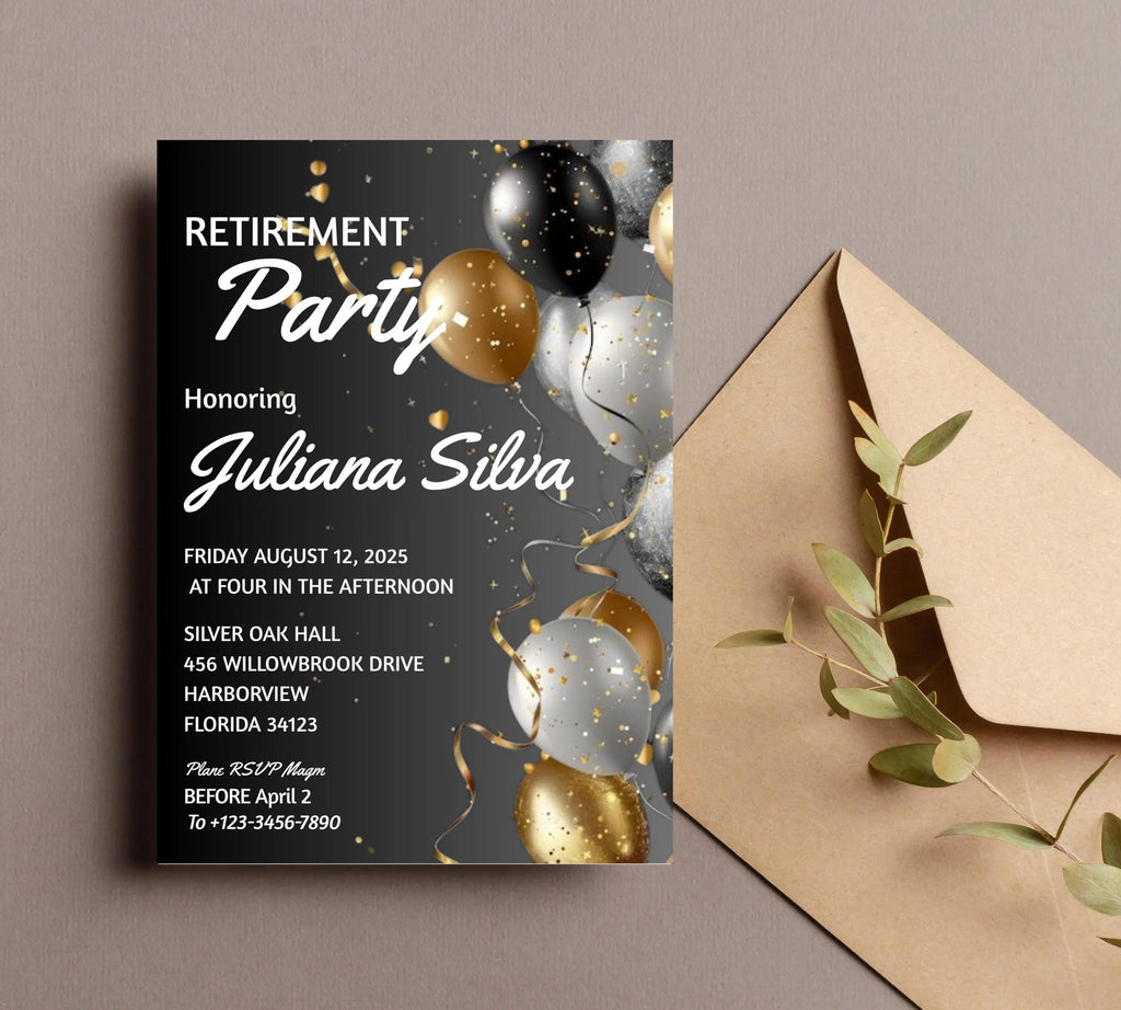 Editable Retirement Party invitation Templates, Elegant gold White Black + Silver Balloons, Retirement Invitation, Work Retire Mens Womens