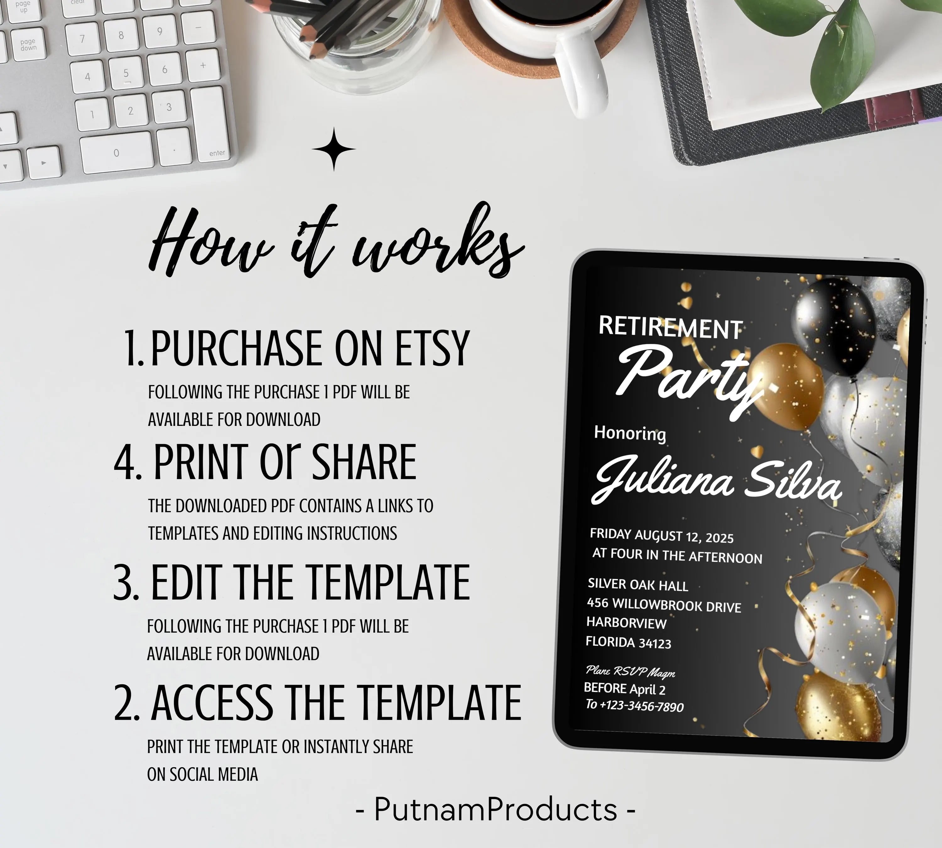 Editable Retirement Party invitation Templates, Elegant gold White Black + Silver Balloons, Retirement Invitation, Work Retire Mens Womens