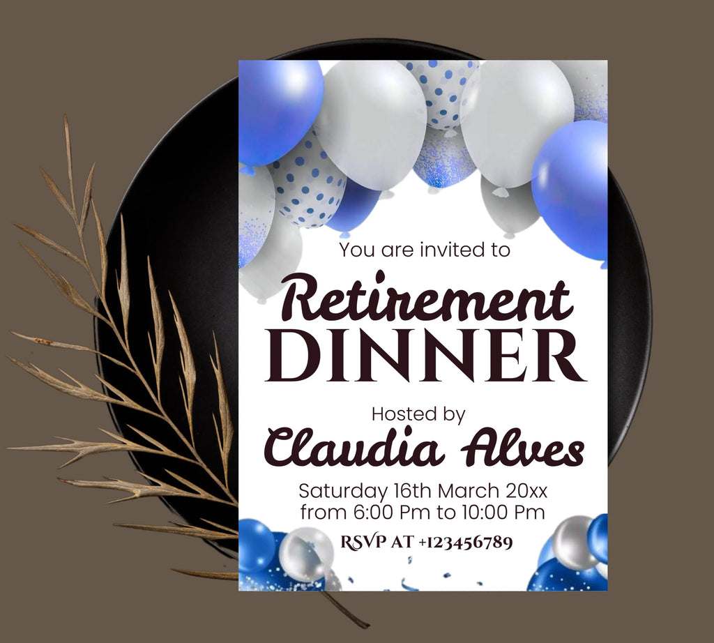 Retirement Party Invitation Templates, Retirement Woman Invite, Elegant Blue White Black + Silver Balloons, Retirement Dinner Invite