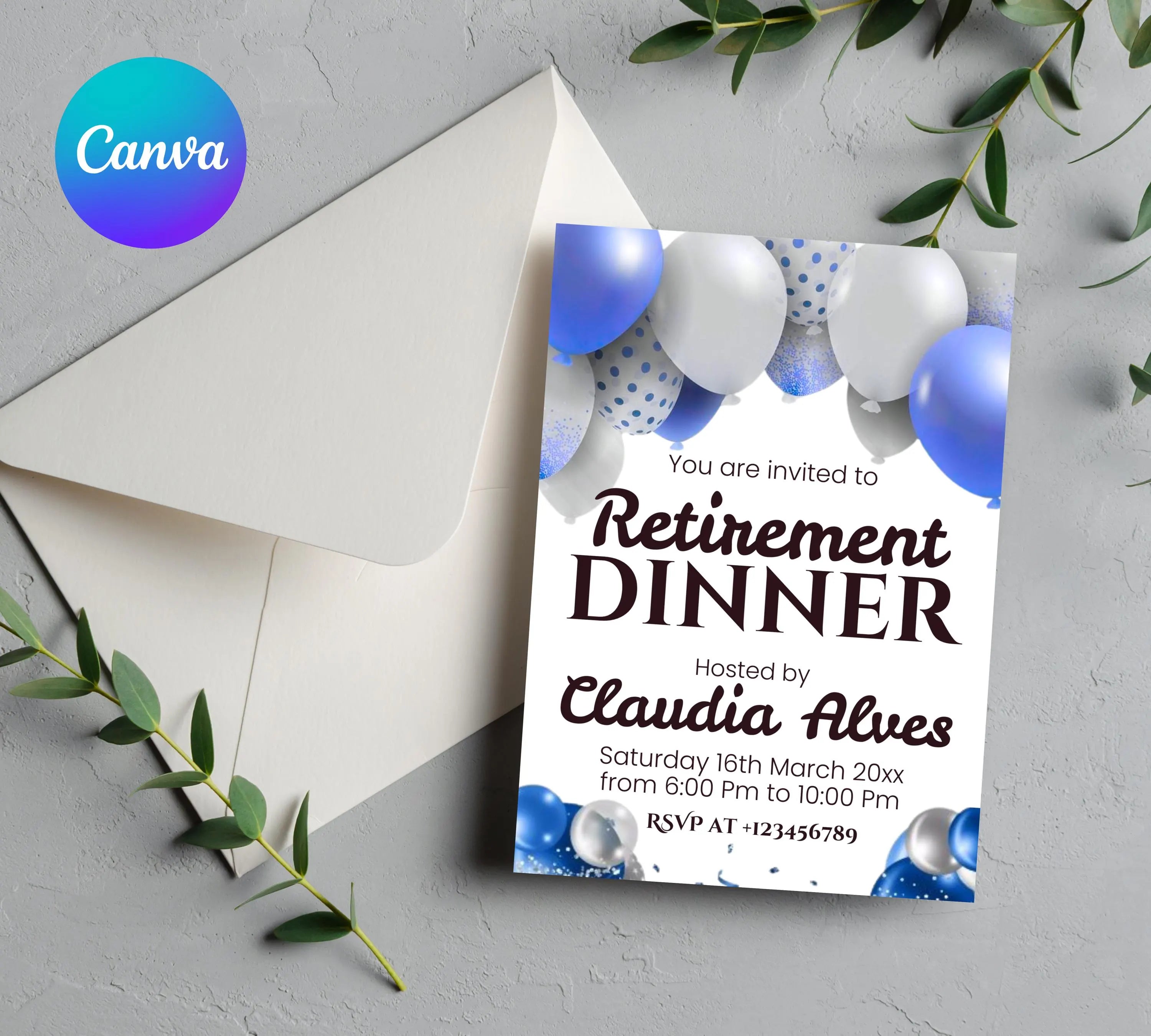 Retirement Party Invitation Templates, Retirement Woman Invite, Elegant Blue White Black + Silver Balloons, Retirement Dinner Invite