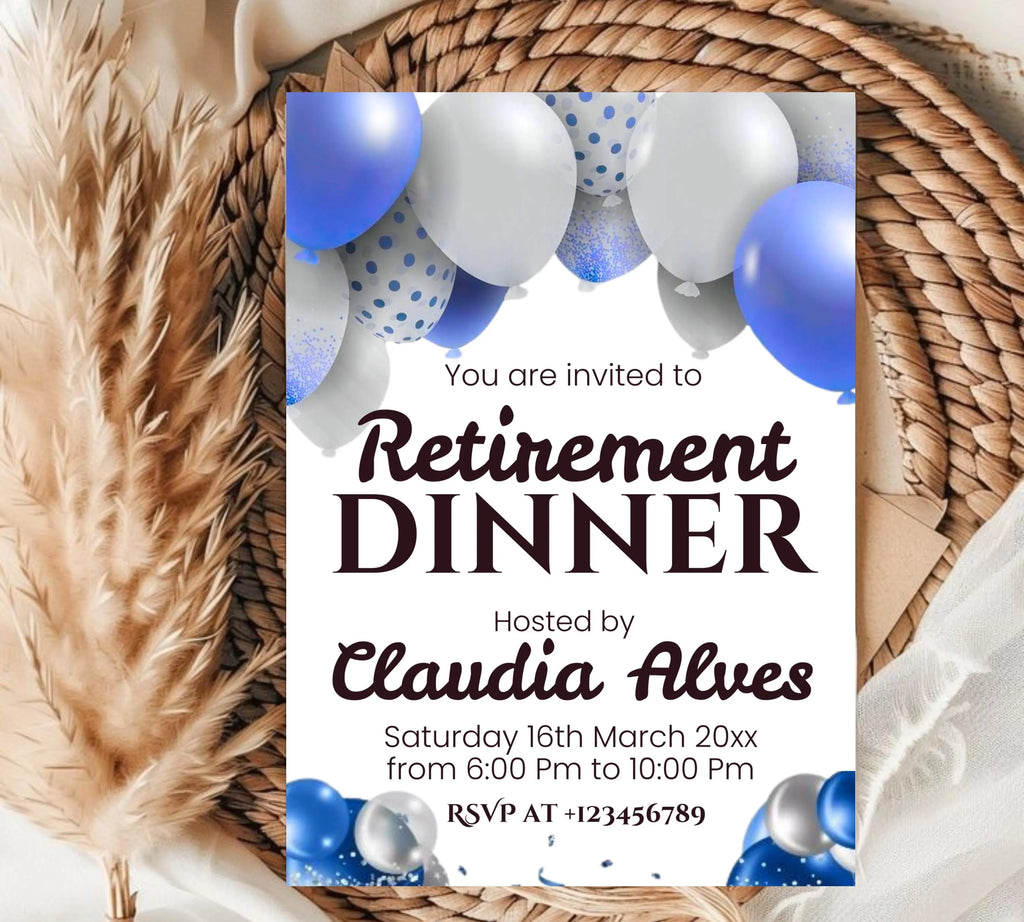 Retirement Party Invitation Templates, Retirement Woman Invite, Elegant Blue White Black + Silver Balloons, Retirement Dinner Invite