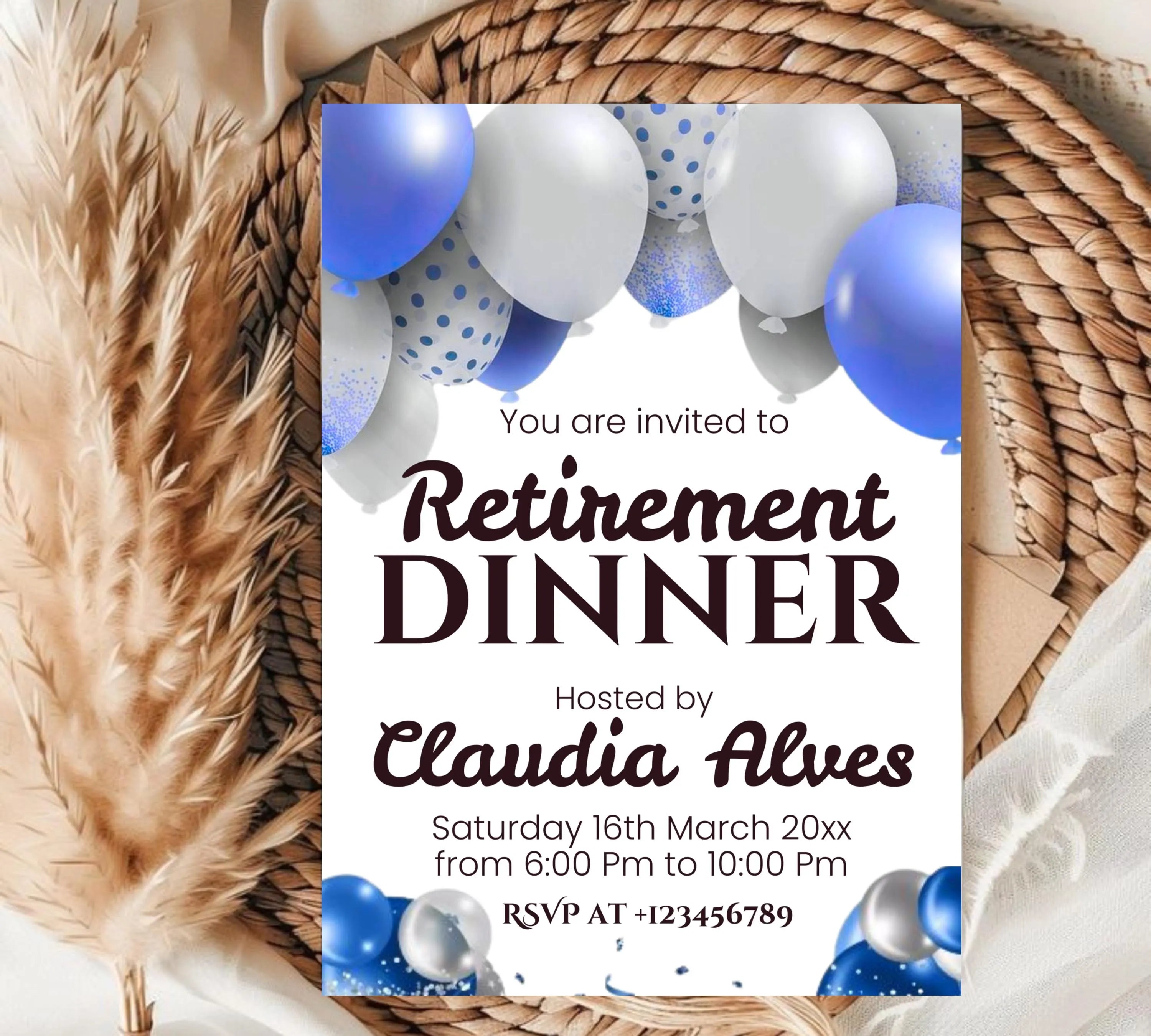 Retirement Party Invitation Templates, Retirement Woman Invite, Elegant Blue White Black + Silver Balloons, Retirement Dinner Invite