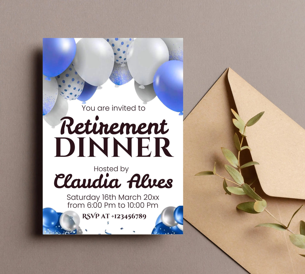 Retirement Party Invitation Templates, Retirement Woman Invite, Elegant Blue White Black + Silver Balloons, Retirement Dinner Invite