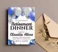 Retirement Party Invitation Templates, Retirement Woman Invite, Elegant Blue White Black + Silver Balloons, Retirement Dinner Invite