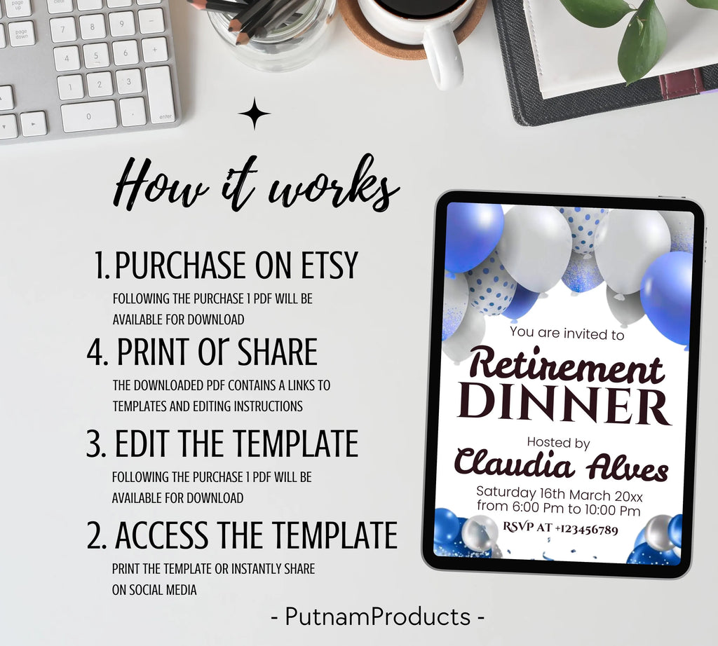 Retirement Party Invitation Templates, Retirement Woman Invite, Elegant Blue White Black + Silver Balloons, Retirement Dinner Invite