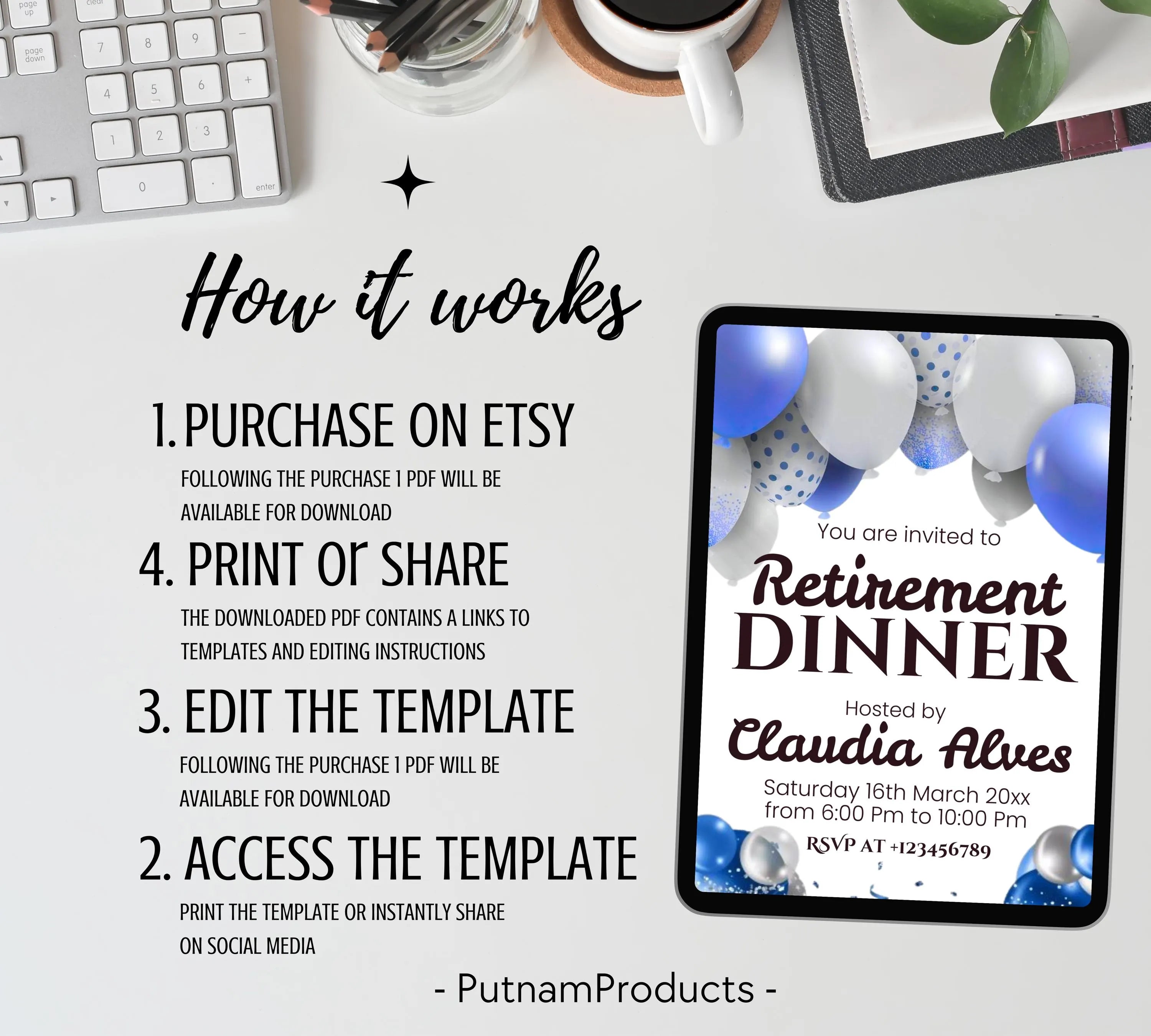 Retirement Party Invitation Templates, Retirement Woman Invite, Elegant Blue White Black + Silver Balloons, Retirement Dinner Invite