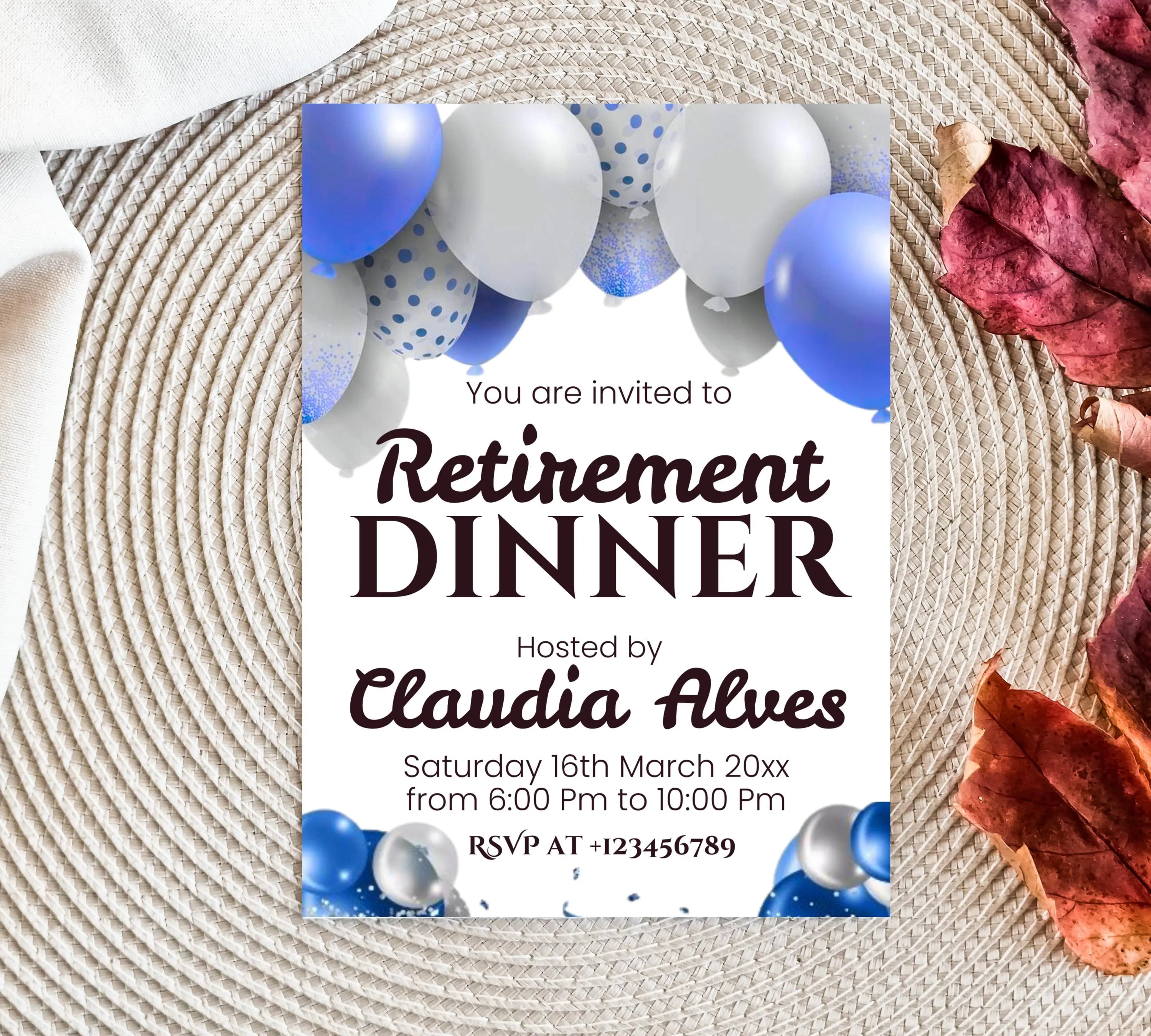 Retirement Party Invitation Templates, Retirement Woman Invite, Elegant Blue White Black + Silver Balloons, Retirement Dinner Invite