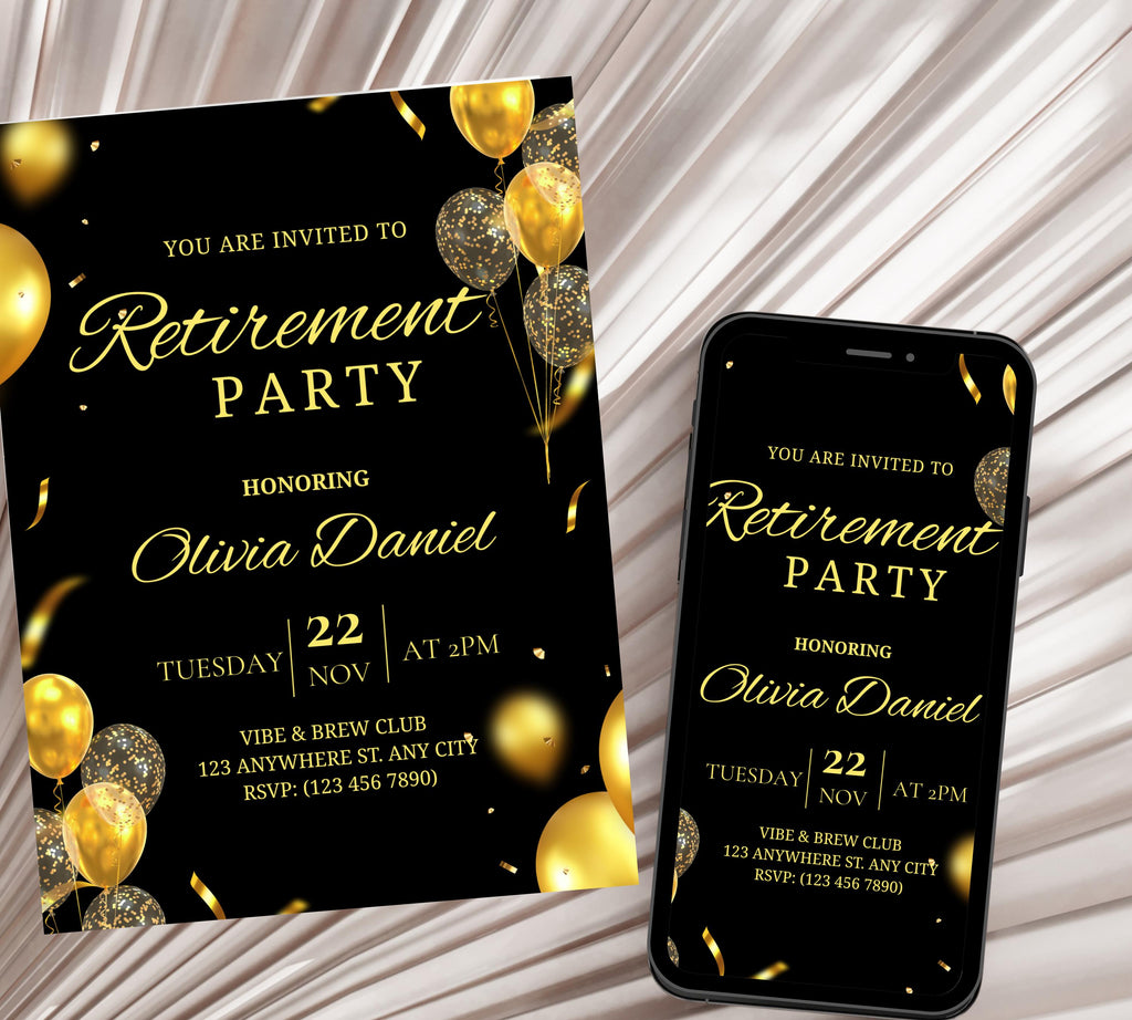 Editable Retirement Party Invitation Template, Retirement Dinner Elegant Black White Gold Sparkle Glitter, Retirement Party It's a Surprise