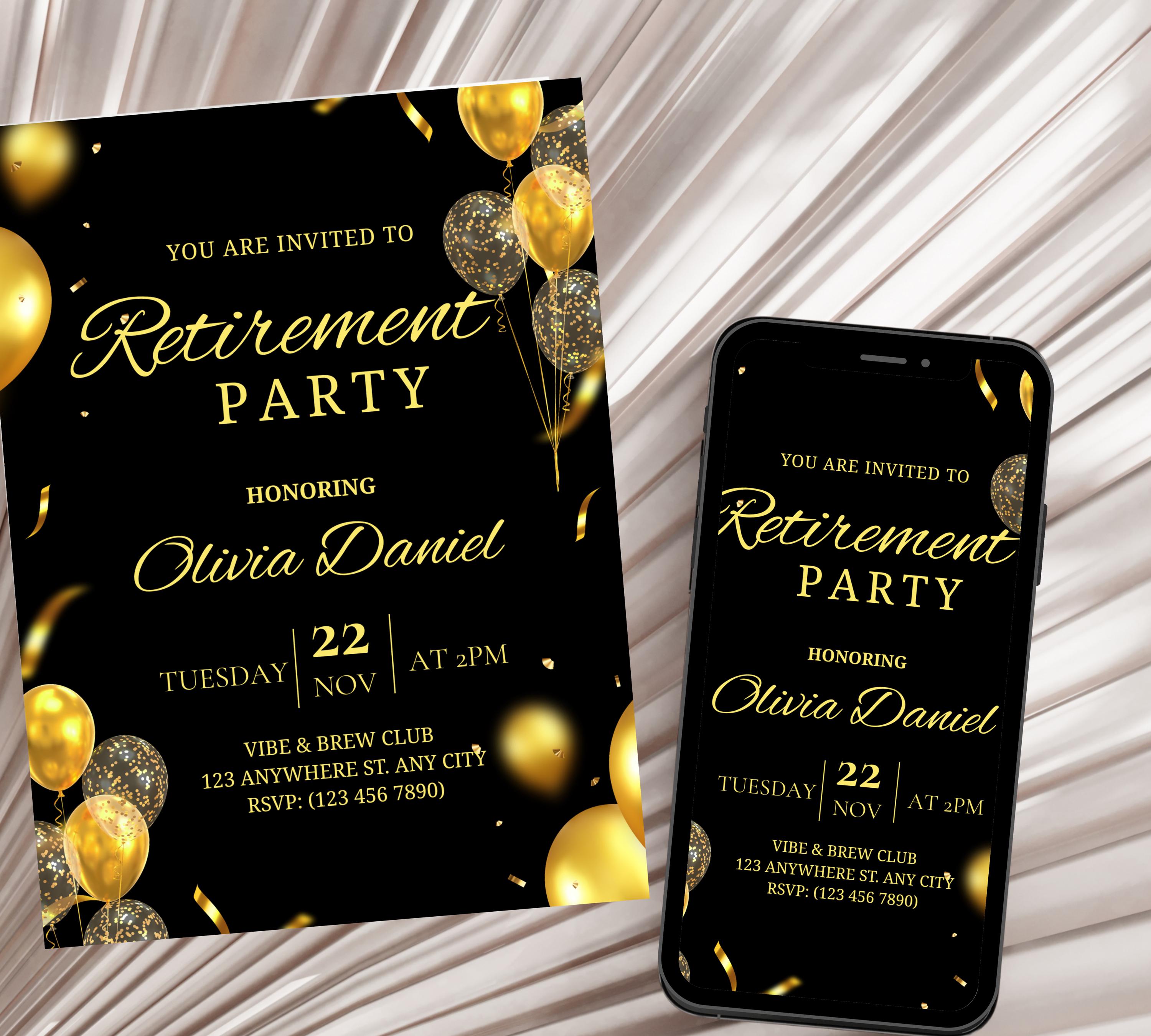 Editable Retirement Party Invitation Template, Retirement Dinner Elegant Black White Gold Sparkle Glitter, Retirement Party It's a Surprise