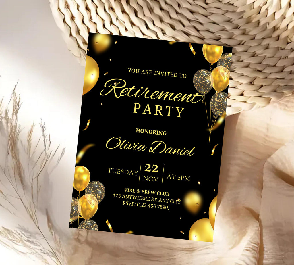 Editable Retirement Party Invitation Template, Retirement Dinner Elegant Black White Gold Sparkle Glitter, Retirement Party It's a Surprise