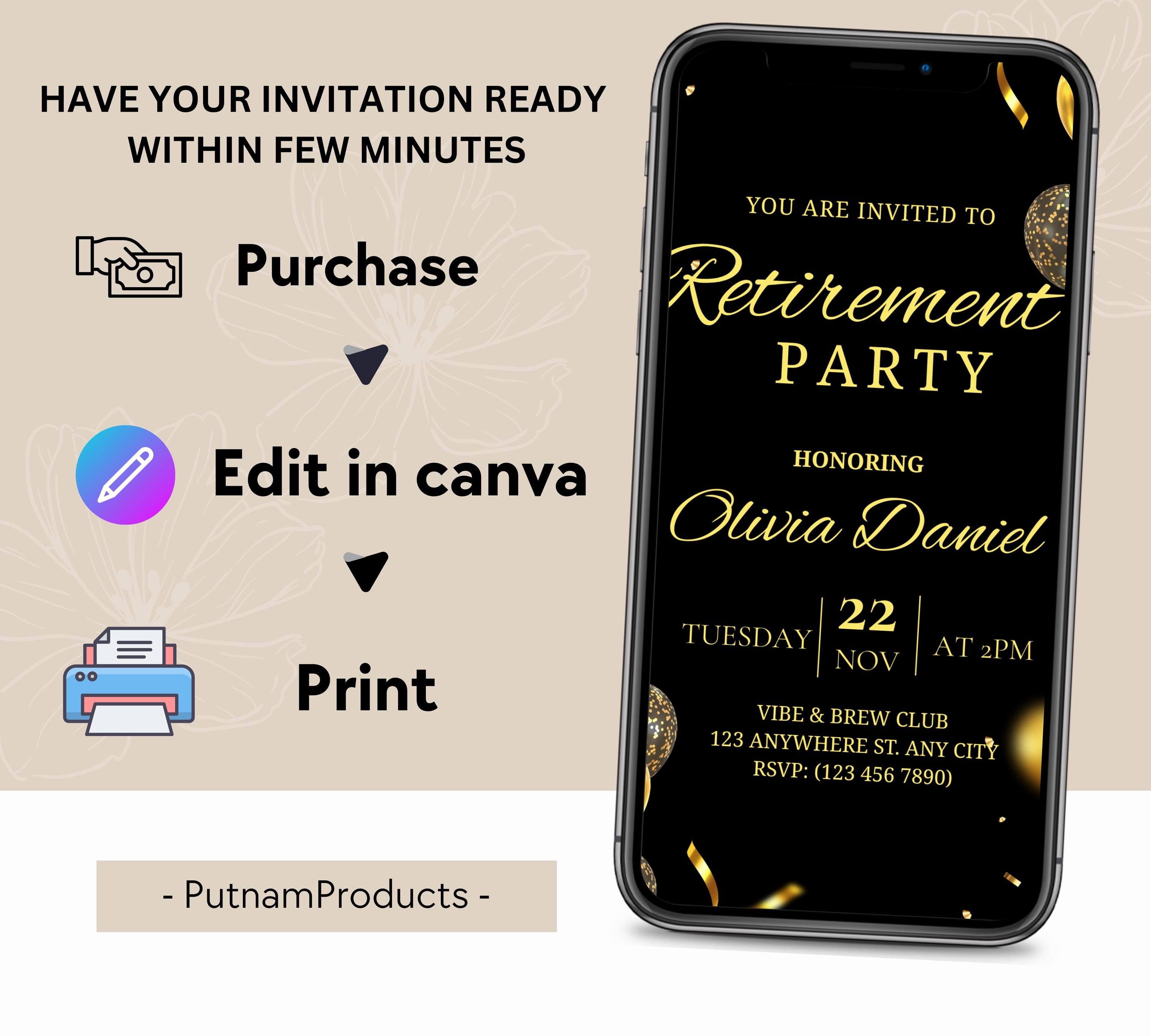 Editable Retirement Party Invitation Template, Retirement Dinner Elegant Black White Gold Sparkle Glitter, Retirement Party It's a Surprise