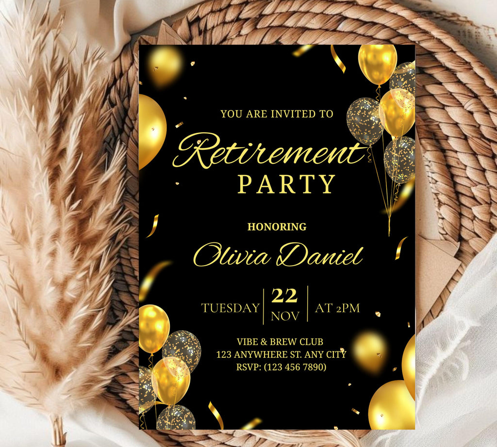 Editable Retirement Party Invitation Template, Retirement Dinner Elegant Black White Gold Sparkle Glitter, Retirement Party It's a Surprise