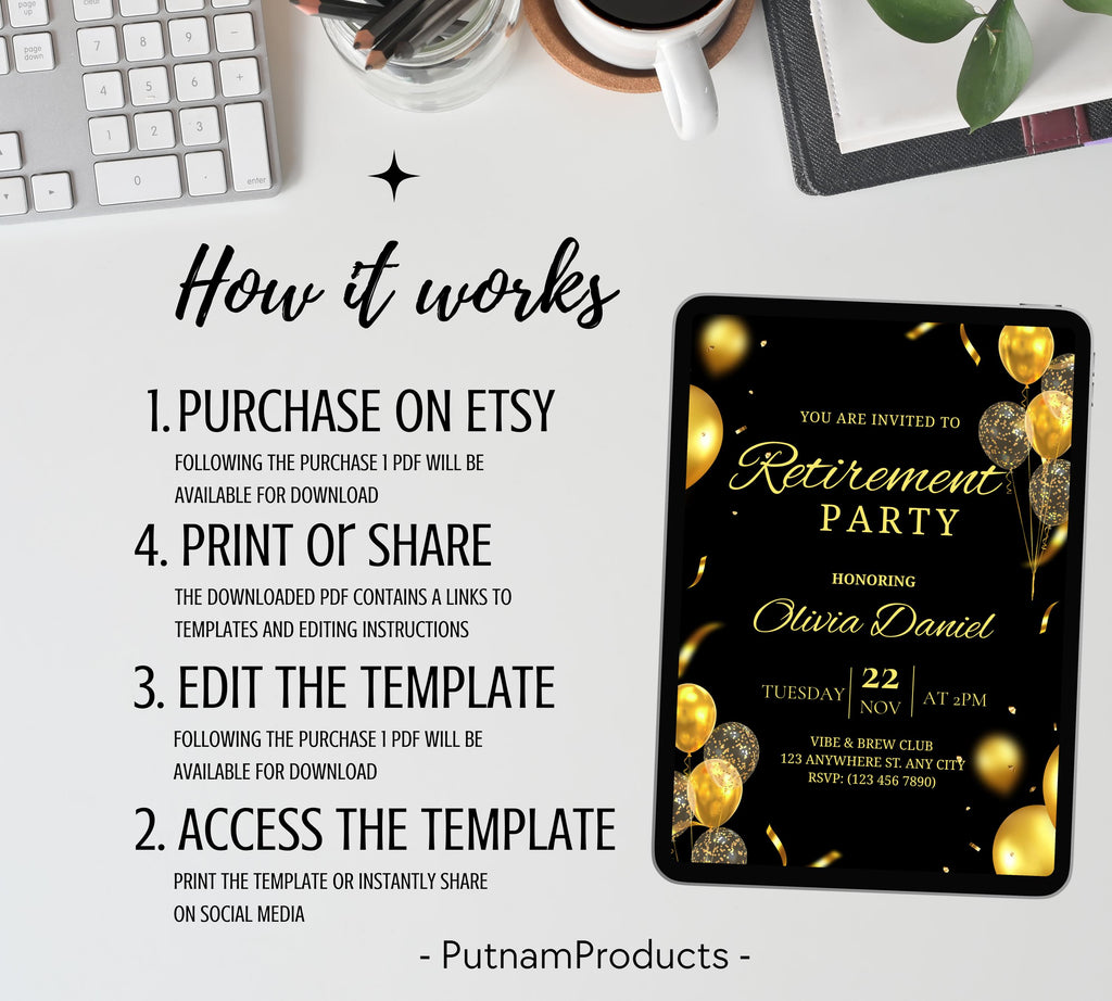 Editable Retirement Party Invitation Template, Retirement Dinner Elegant Black White Gold Sparkle Glitter, Retirement Party It's a Surprise