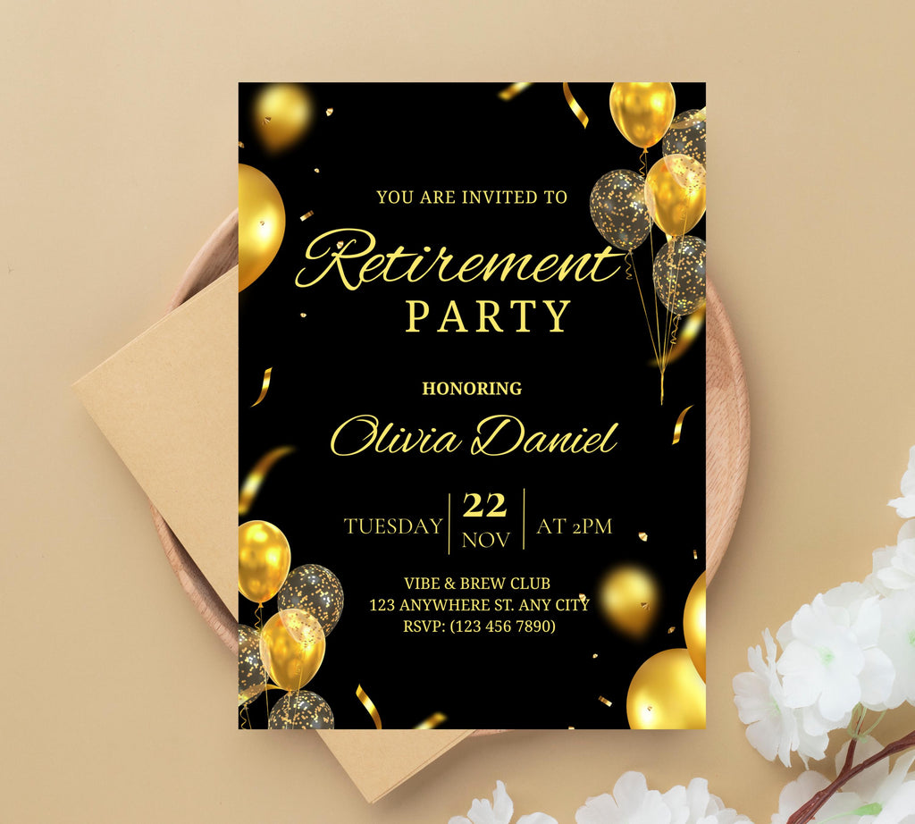 Editable Retirement Party Invitation Template, Retirement Dinner Elegant Black White Gold Sparkle Glitter, Retirement Party It's a Surprise