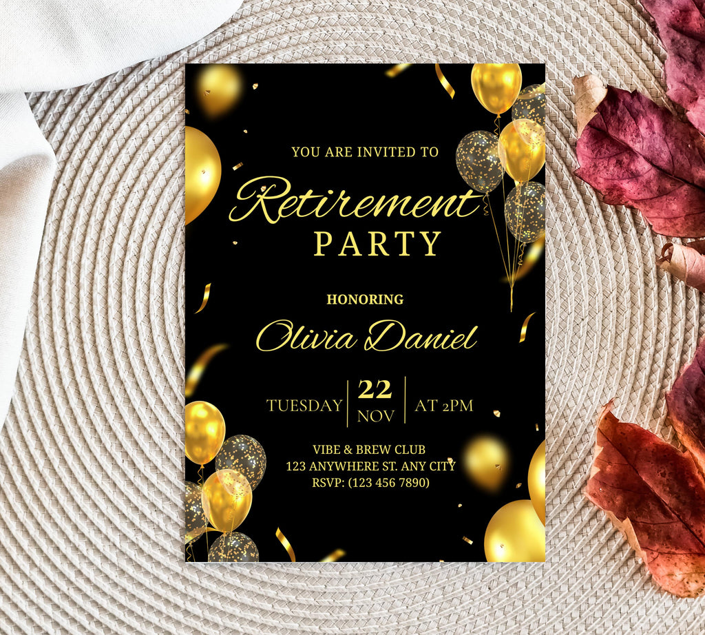 Editable Retirement Party Invitation Template, Retirement Dinner Elegant Black White Gold Sparkle Glitter, Retirement Party It's a Surprise