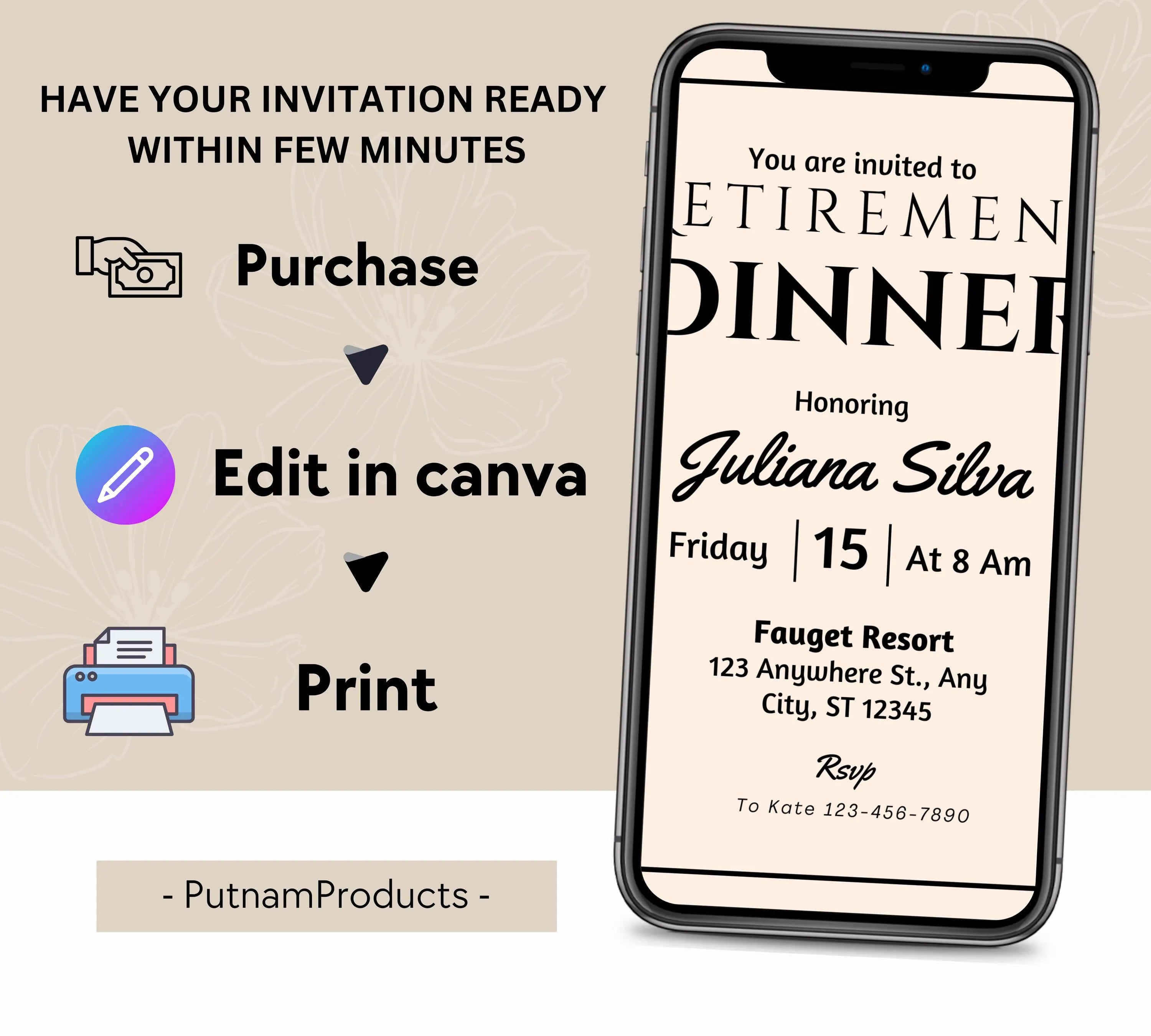Editable Retirement Party Invitation Template, Work Retire Mens Womens, Retirement Dinner party Invite, Retirement Invitation